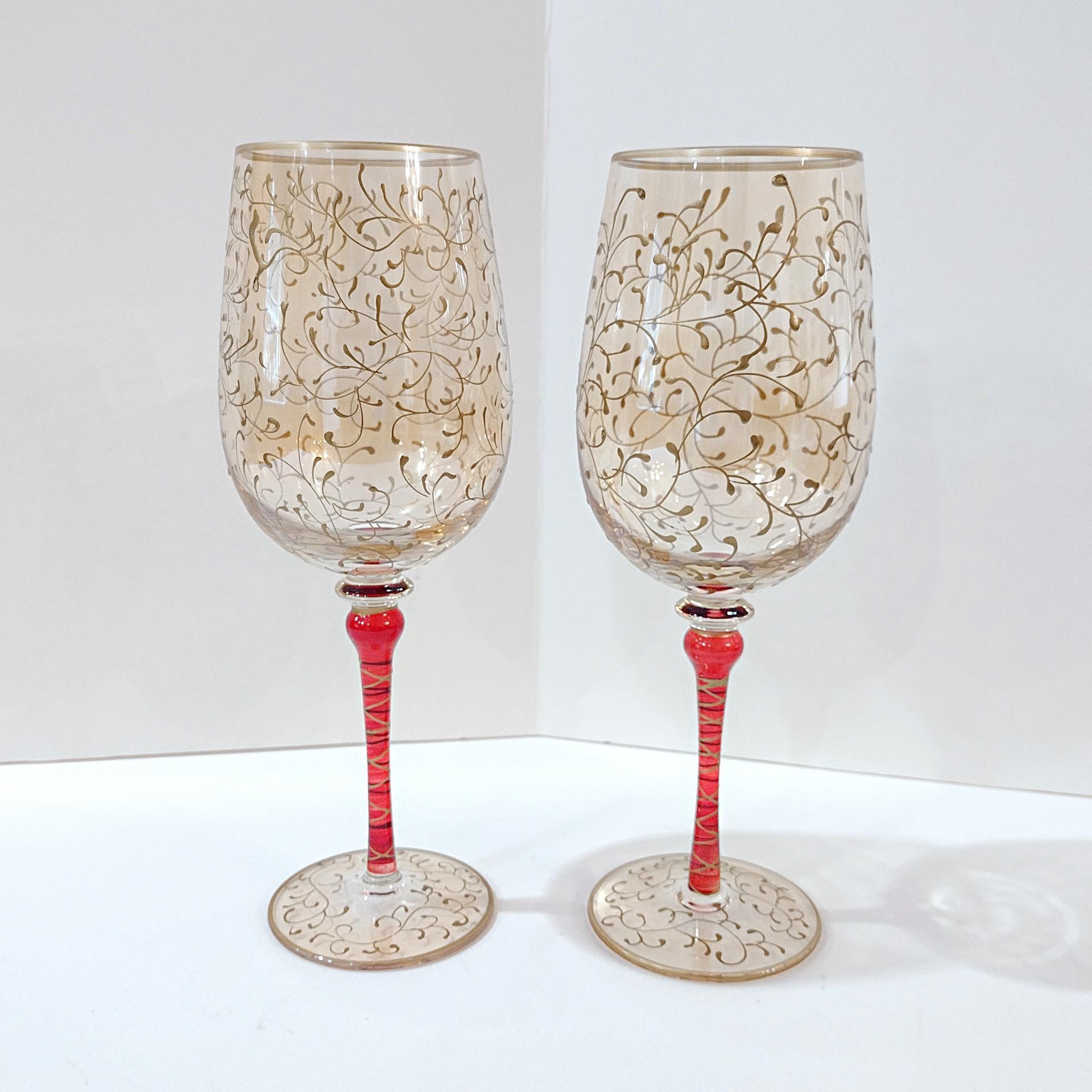 Vintage Pier 1 Gold and Red Swirled Filagree 16 Ounce Wine Glasses, Set of 2, Festive Holiday Barware
