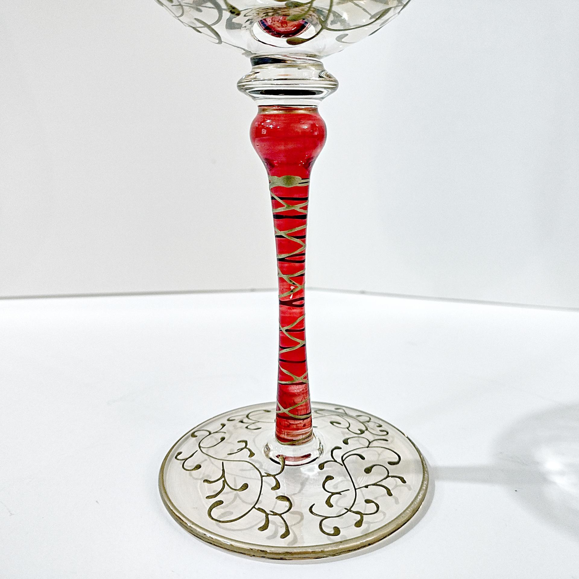 Vintage Pier 1 Gold and Red Swirled Filagree 16 Ounce Wine Glasses, Set of 2, Festive Holiday Barware