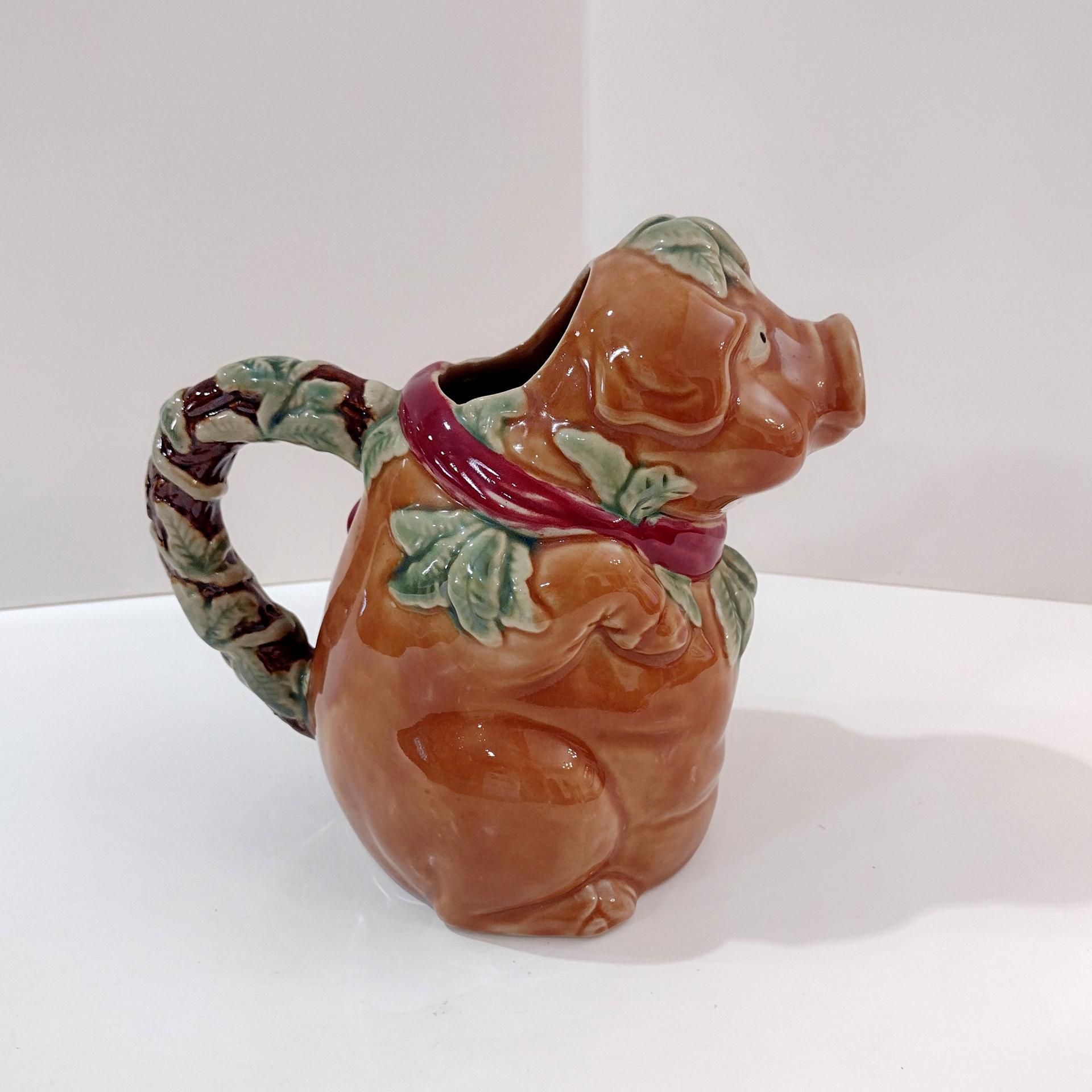 Vintage Majolica Pig Ceramic Pitcher, Farm Animal Kitsch Pitcher Kitchen Decor