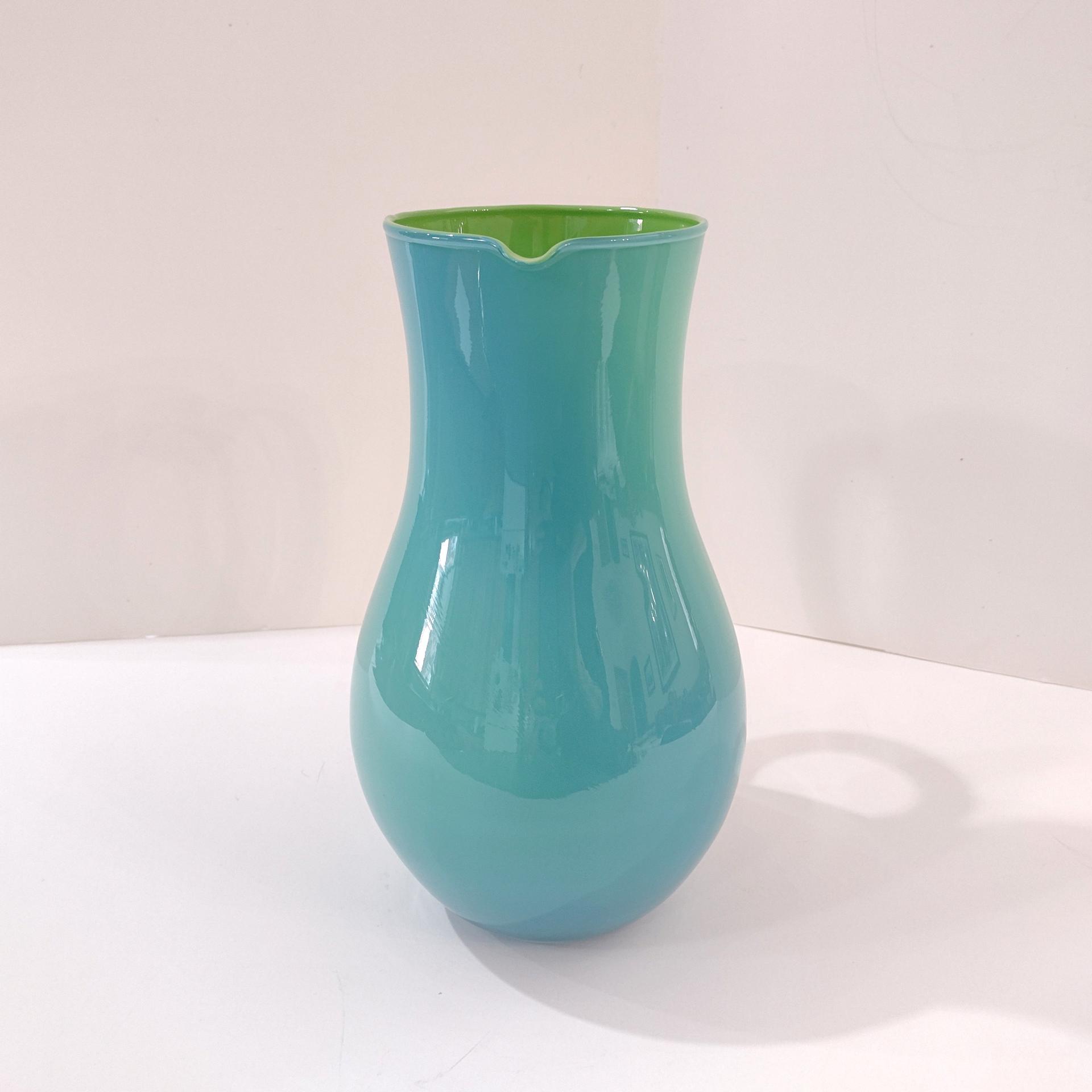Vintage Blue and Green Cased Blown Glass Pitcher / Vase