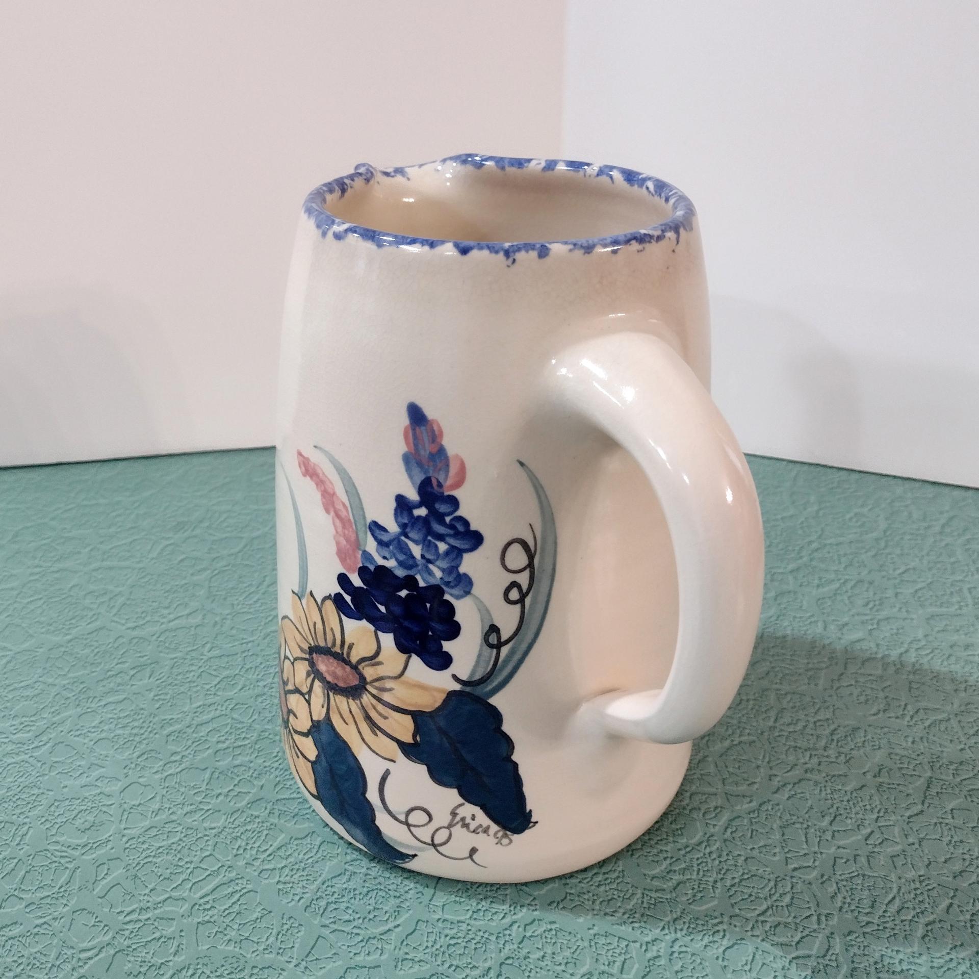 Vintage Floral Design Large Ceramic Pitcher, Ellis Prod Marshall Texas Hand Painted Signed Spongeware Pitcher
