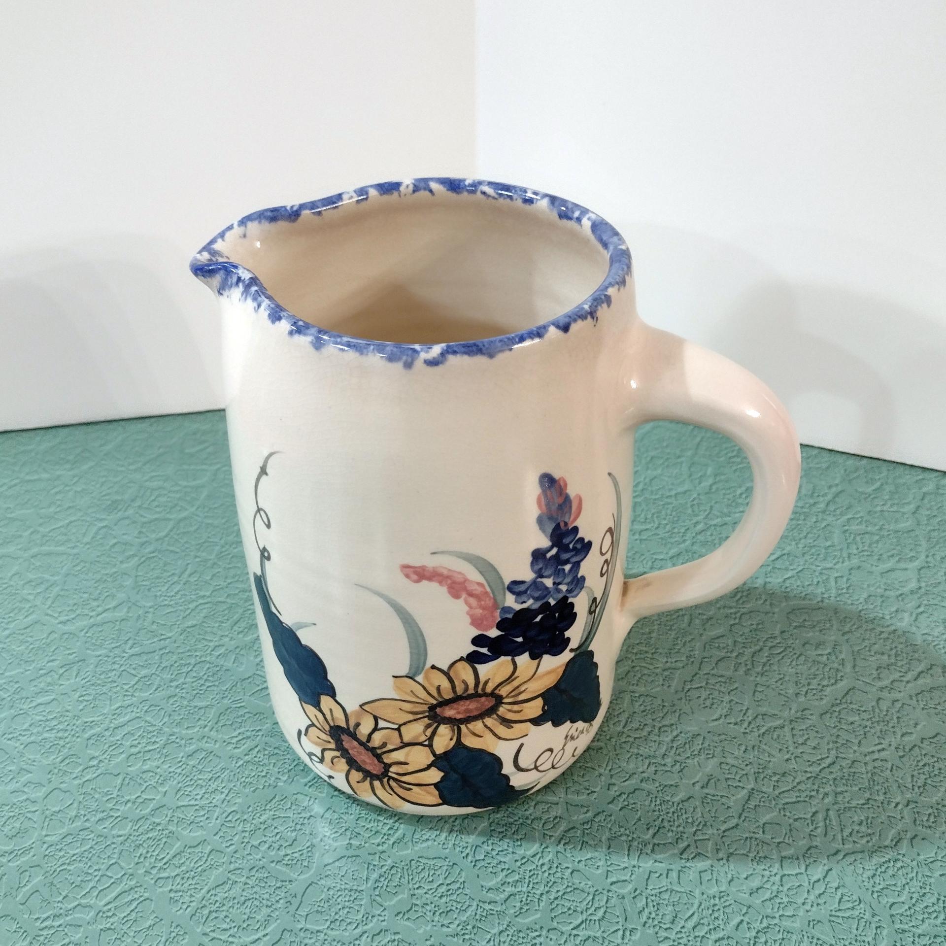 Vintage Floral Design Large Ceramic Pitcher, Ellis Prod Marshall Texas Hand Painted Signed Spongeware Pitcher