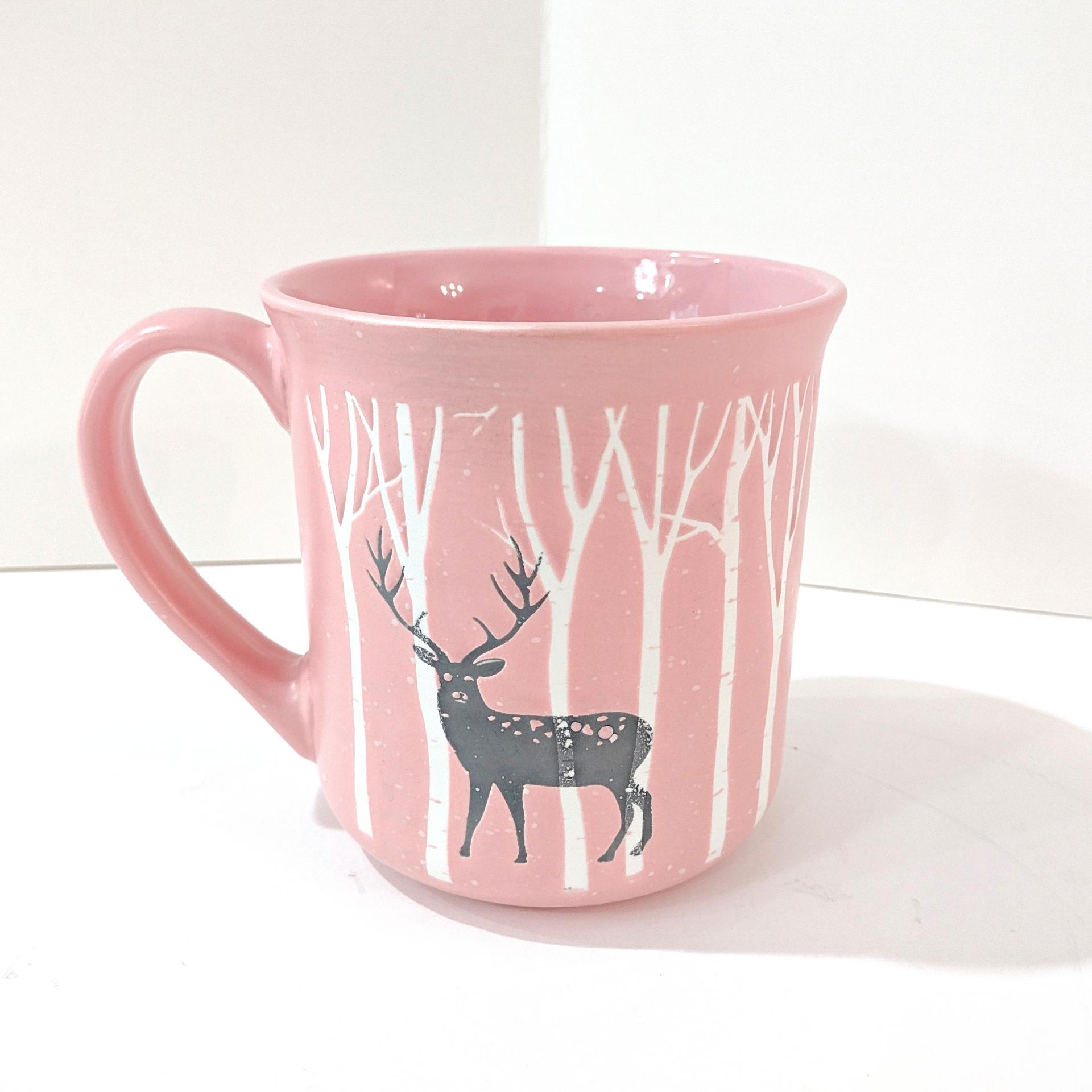 Vintage Pink Deer in the Woods Oversized Ceramic Coffee Tea Mug