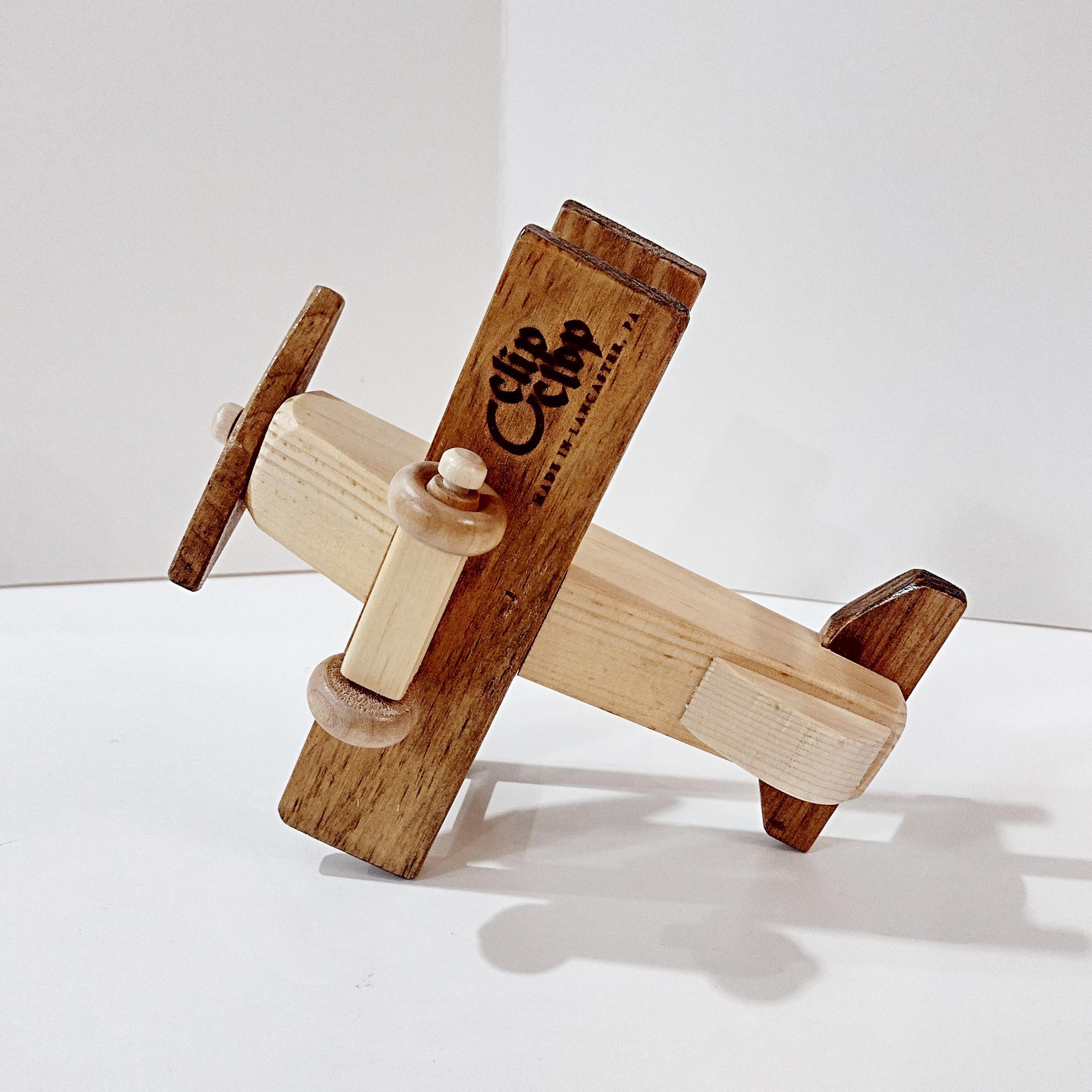 Vintage Wooden Airplane Rolling Child's Push Toy, Clip Clop Lapps Toys Handcrafted Amish Toy