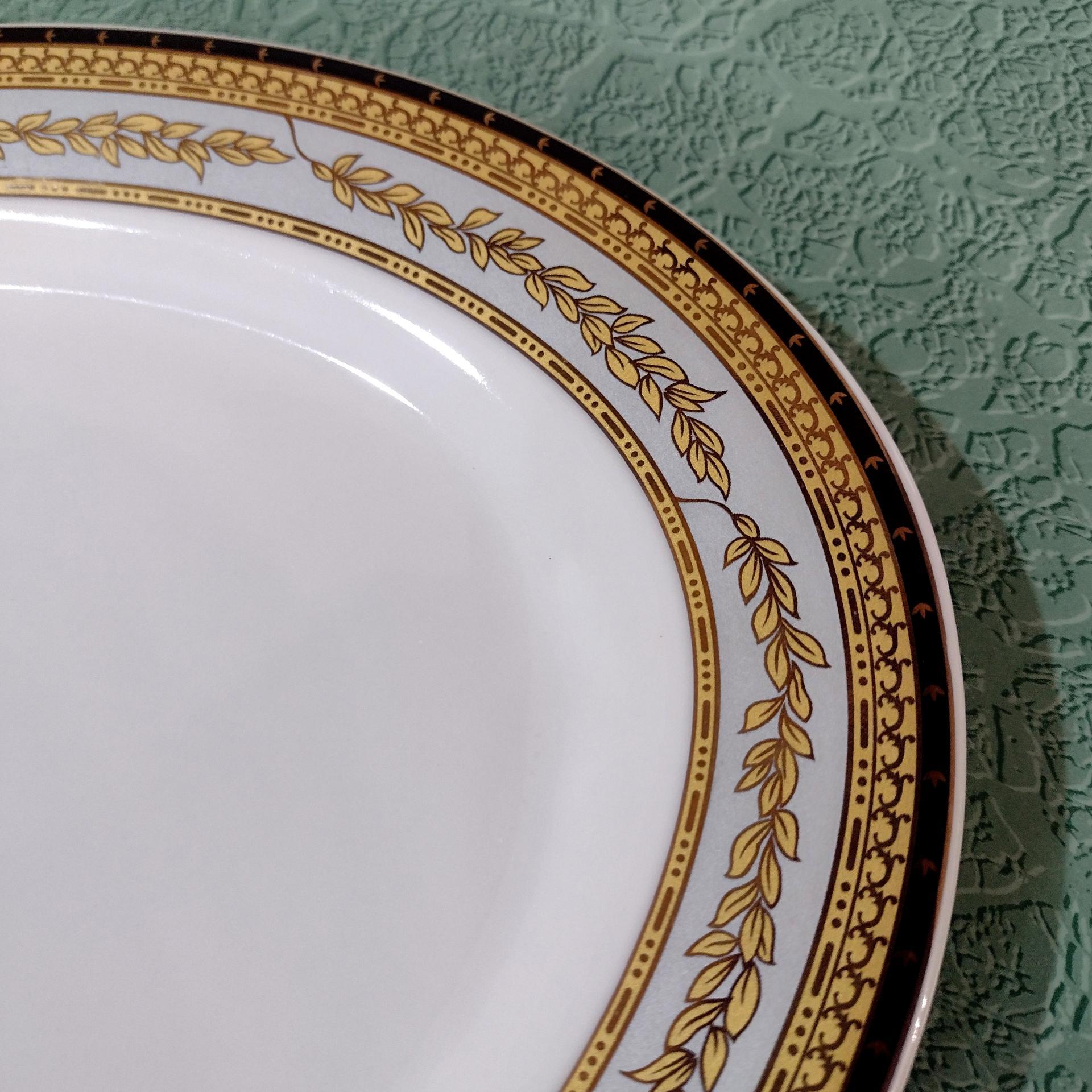 Vintage 14 Inch Oval Porcelain Serving Platter with Gold and Black Leaves Design