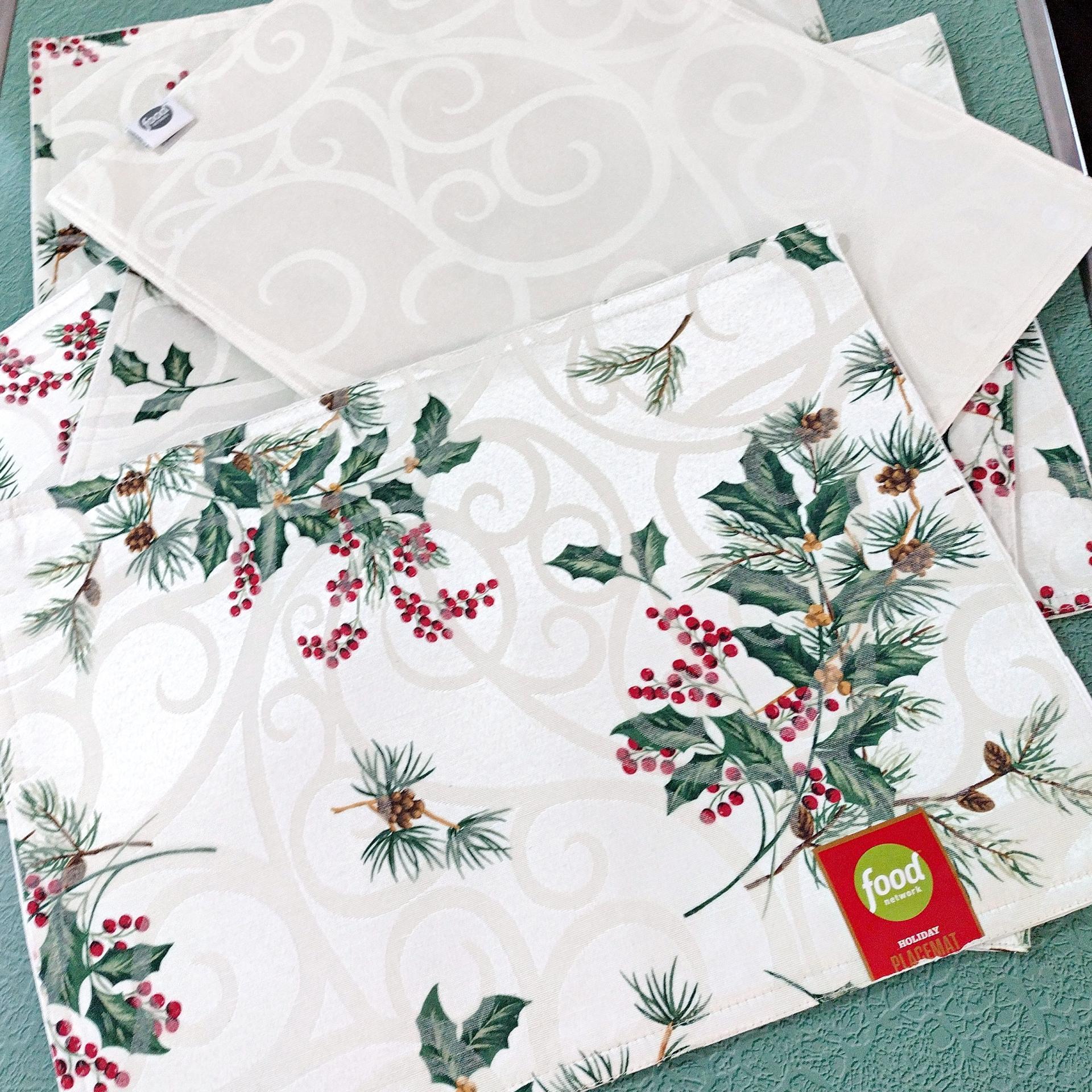 Vintage NEW Food Network Holiday Reversable Placemats, Set of 6, Holly Berry and Pinecone Design, Christmas Winter Table Decor