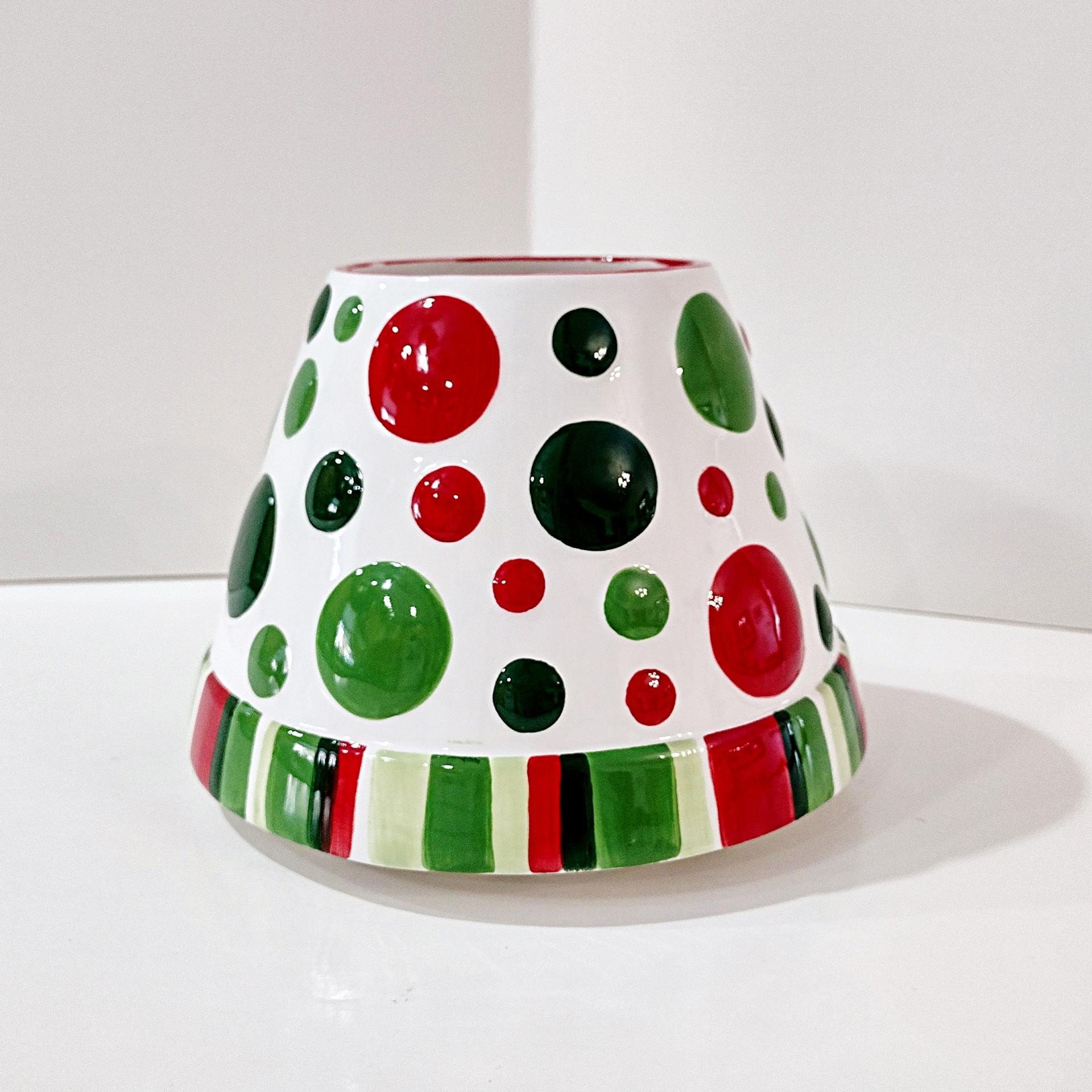 Vintage Yankee Candle Ceramic Shade Jar Topper, Ellen Krans Red and Green Polka Holiday Design