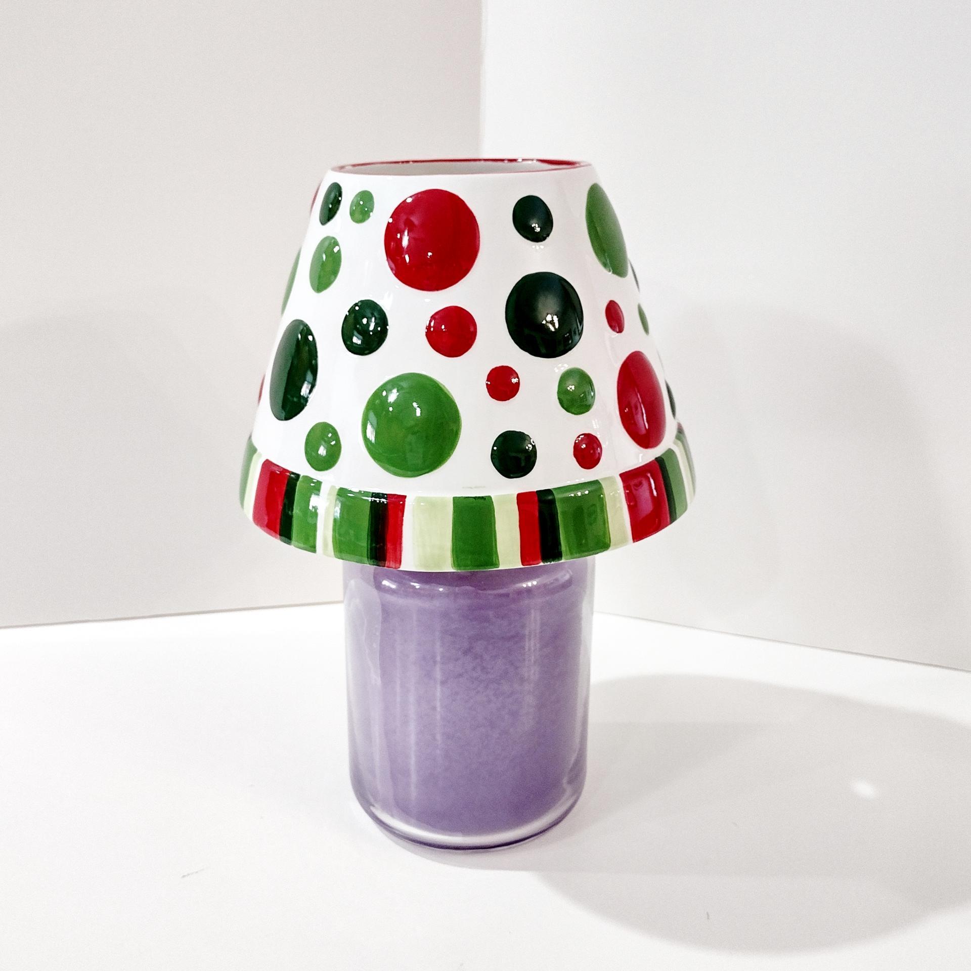 Vintage Yankee Candle Ceramic Shade Jar Topper, Ellen Krans Red and Green Polka Holiday Design