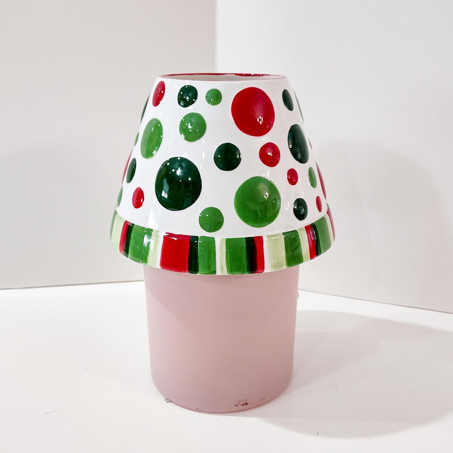 Vintage Yankee Candle Ceramic Shade Jar Topper, Ellen Krans Red and Green Polka Holiday Design