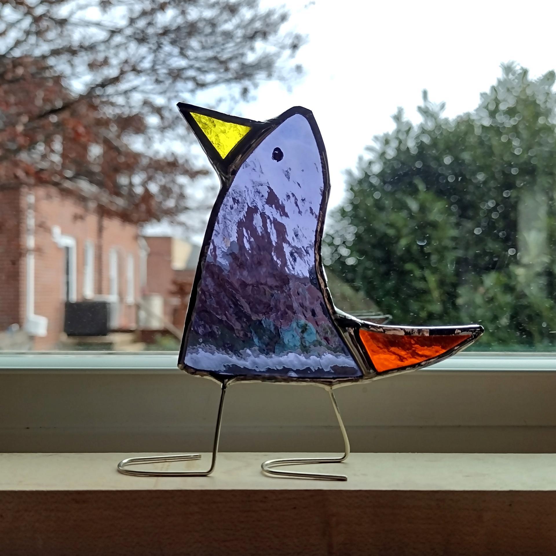 Stained Glass Standing Bird, Funky Glass Bird, Purple and Orange Bird Suncatcher, Windowsill Free Standing Bird