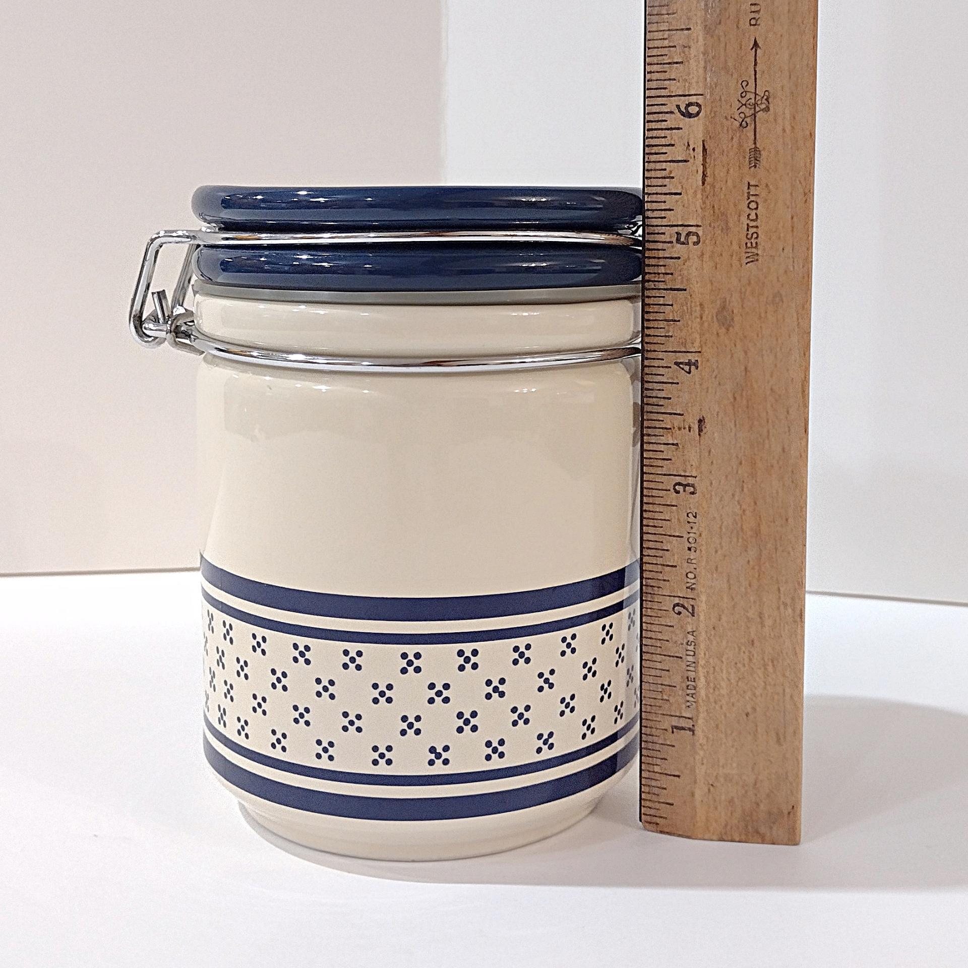 Vintage Blue and White Ceramic Jar Canister with Metal Wire Clamp Lid, Potpourri Press Kitchen Storage Canister