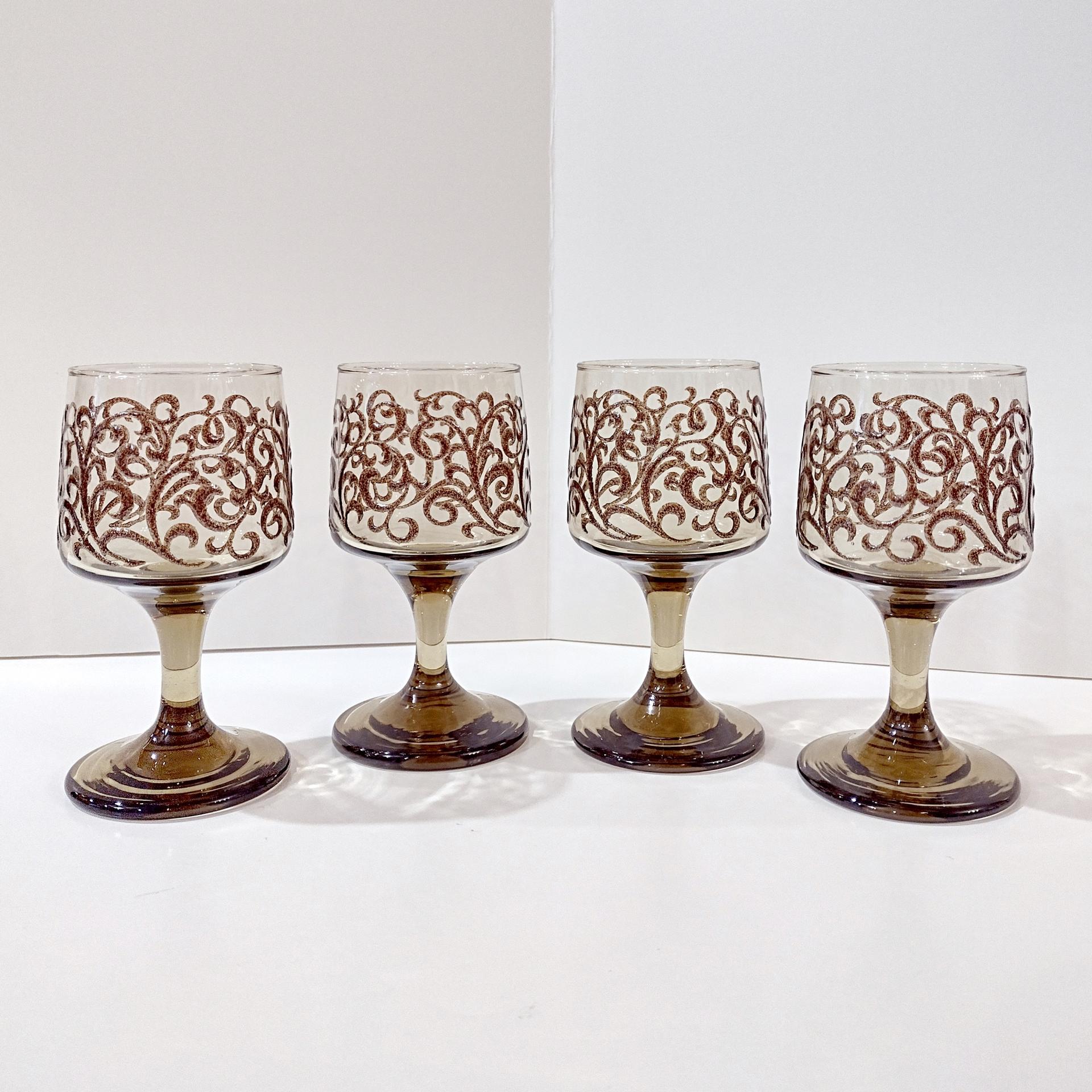 Vintage Libbey Prado Tawny Brown Scroll Wine Glasses, Set of Four
