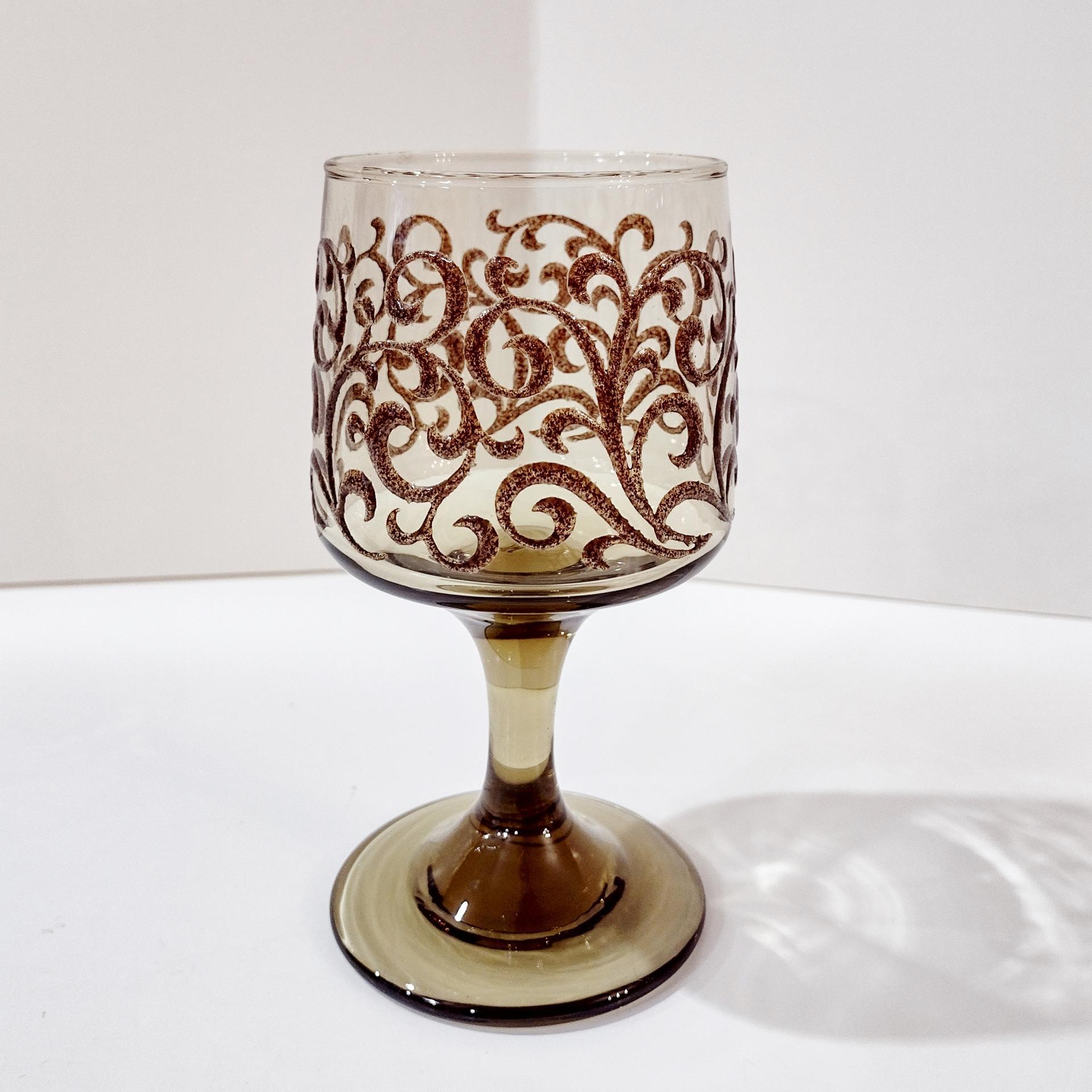 Vintage Libbey Prado Tawny Brown Scroll Wine Glasses, Set of Four