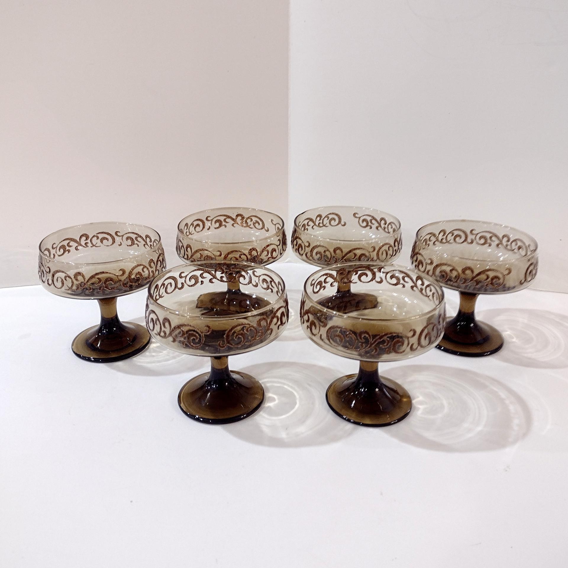 Vintage Libbey Prado Tawny Brown Scroll Champagne Sherbet Glasses, Set of Six, 1970's Glassware, Footed Dessert Cups