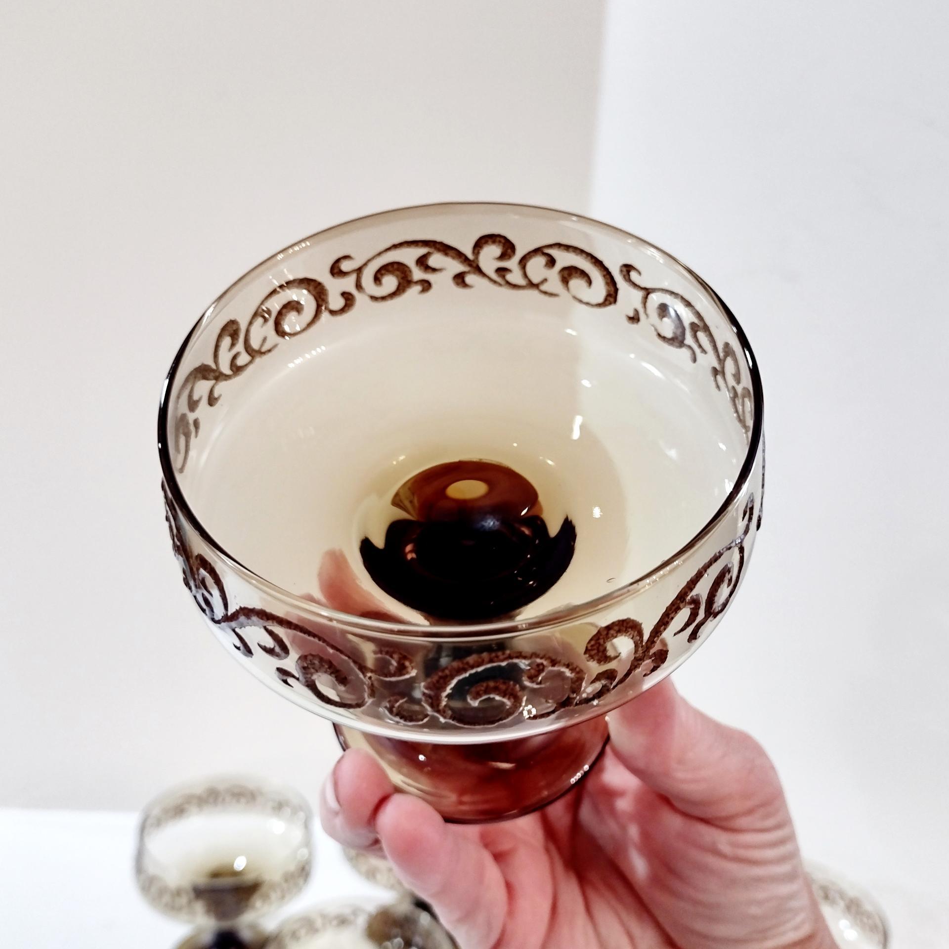 Vintage Libbey Prado Tawny Brown Scroll Champagne Sherbet Glasses, Set of Six, 1970's Glassware, Footed Dessert Cups