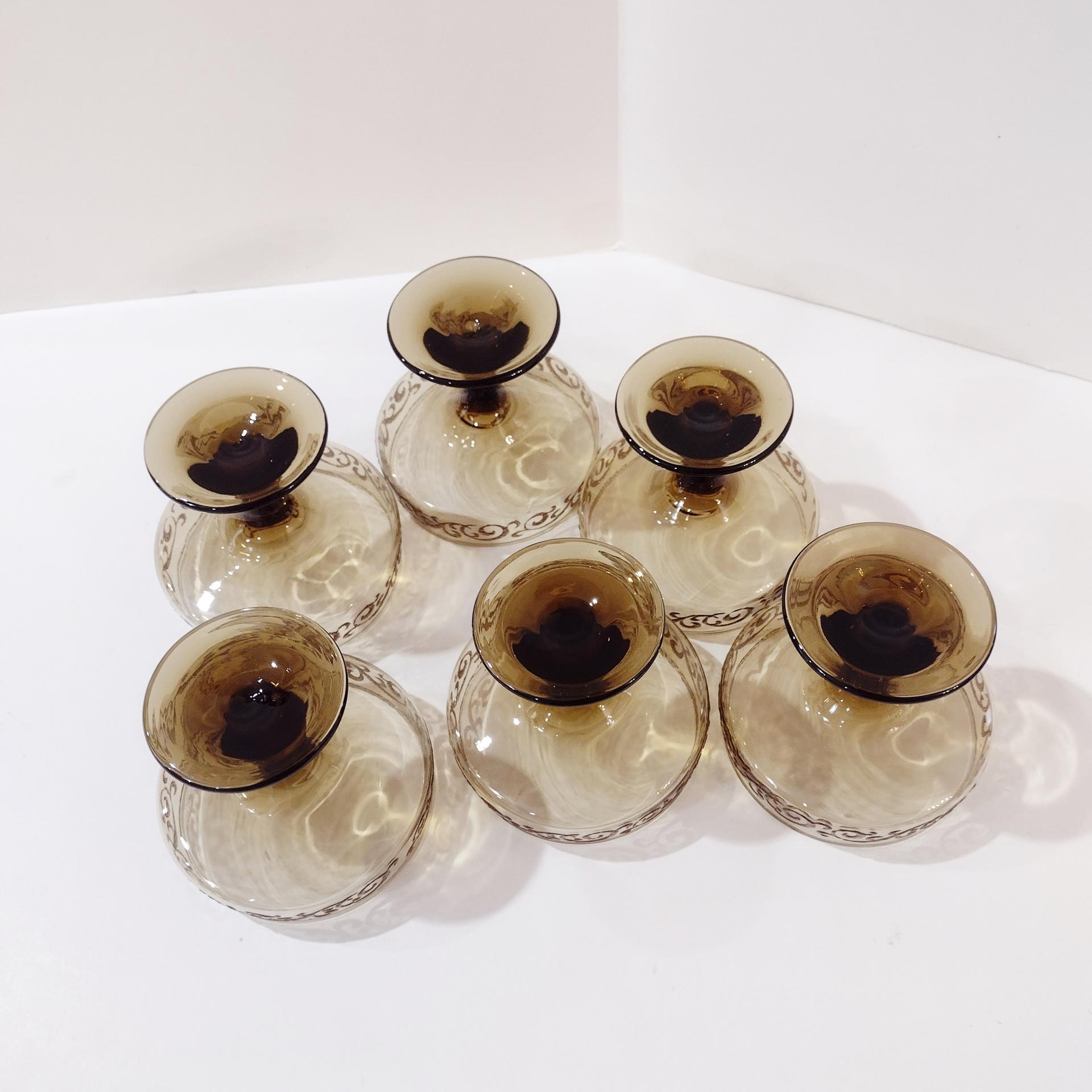 Vintage Libbey Prado Tawny Brown Scroll Champagne Sherbet Glasses, Set of Six, 1970's Glassware, Footed Dessert Cups