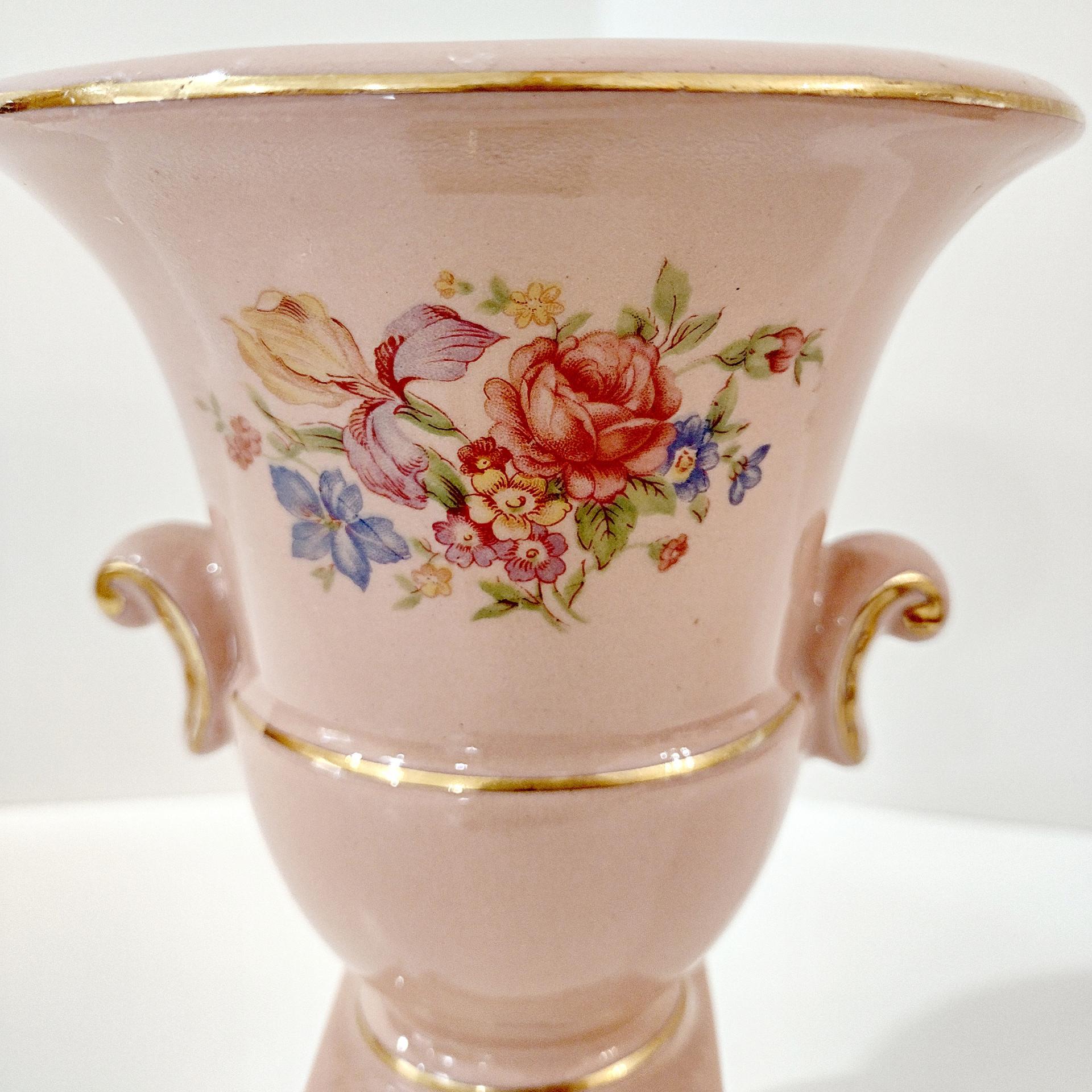 Vintage Pink Floral Ceramic Pedestal Vase, Princeton China MCM 1950's Flower Planter Pot