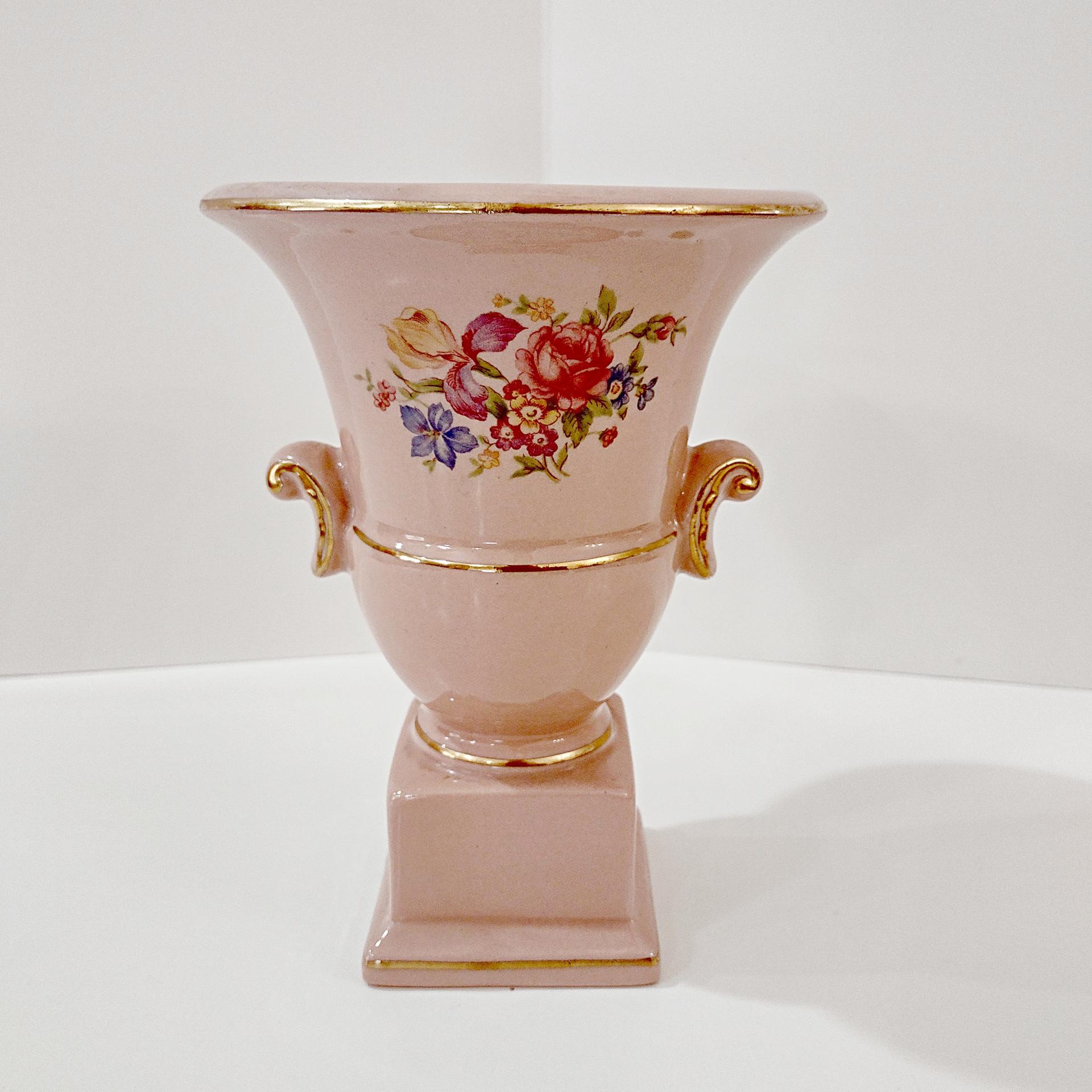 Vintage Pink Floral Ceramic Pedestal Vase, Princeton China MCM 1950's Flower Planter Pot