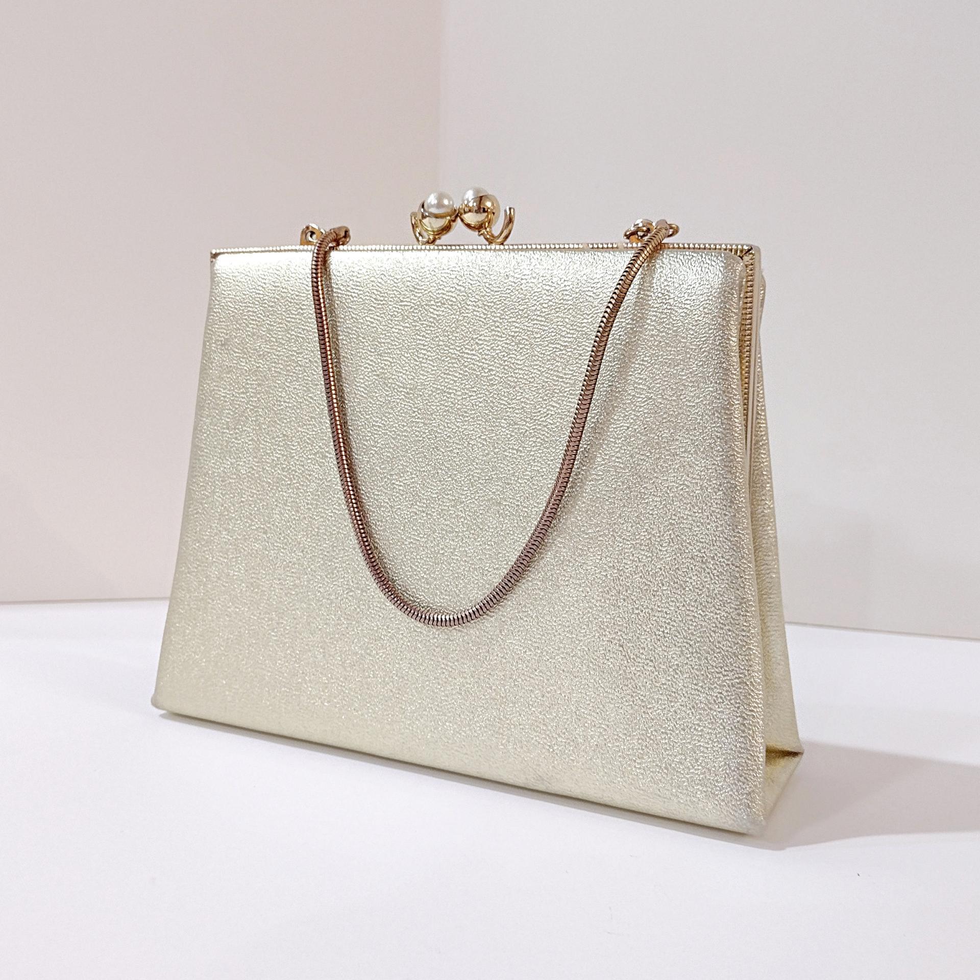 Vintage Bobbie Jerome Gold Metallic Evening Clutch Purse with Chain Handle and Pearl Clasp, 1950's-60's Formal Purse