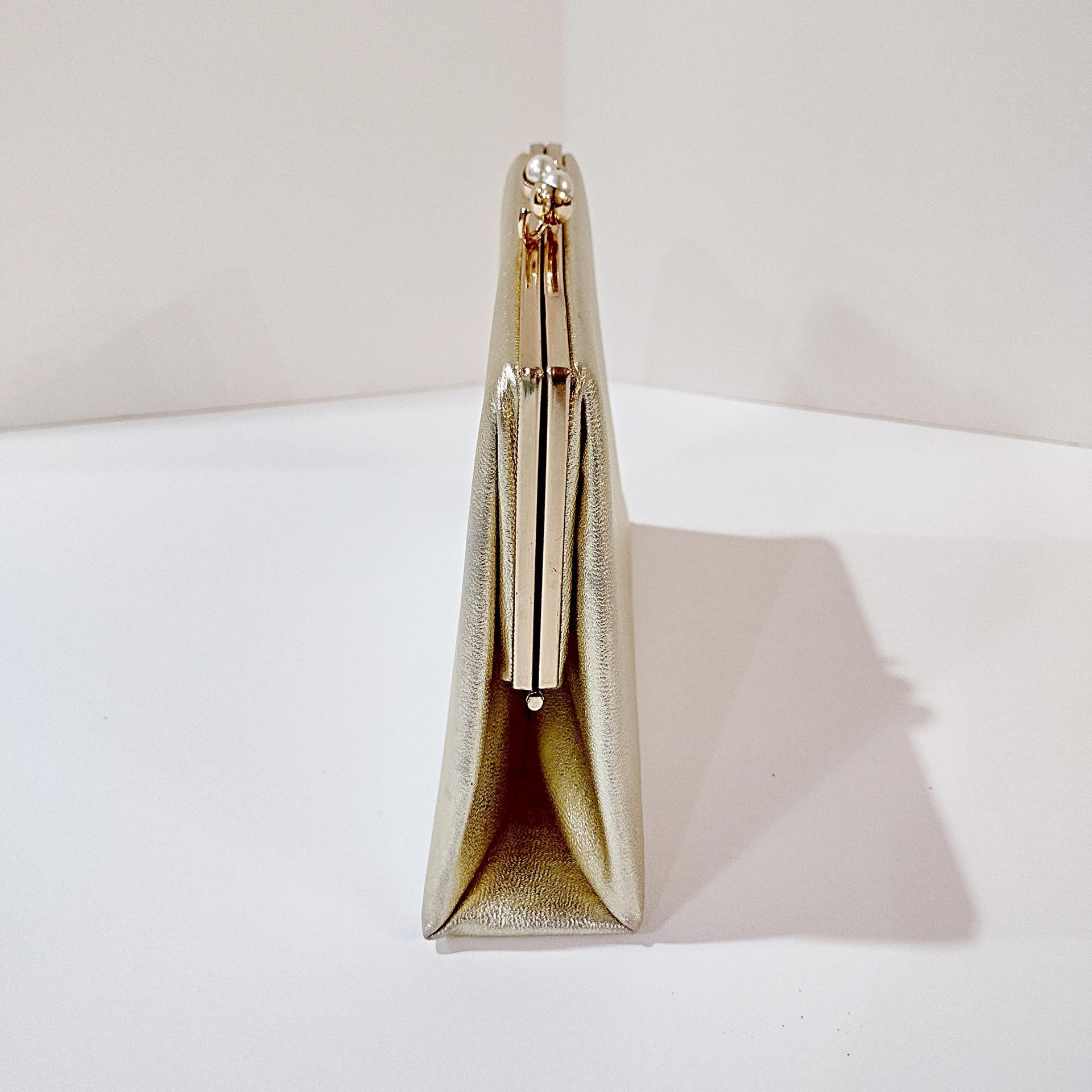 Vintage Bobbie Jerome Gold Metallic Evening Clutch Purse with Chain Handle and Pearl Clasp, 1950's-60's Formal Purse