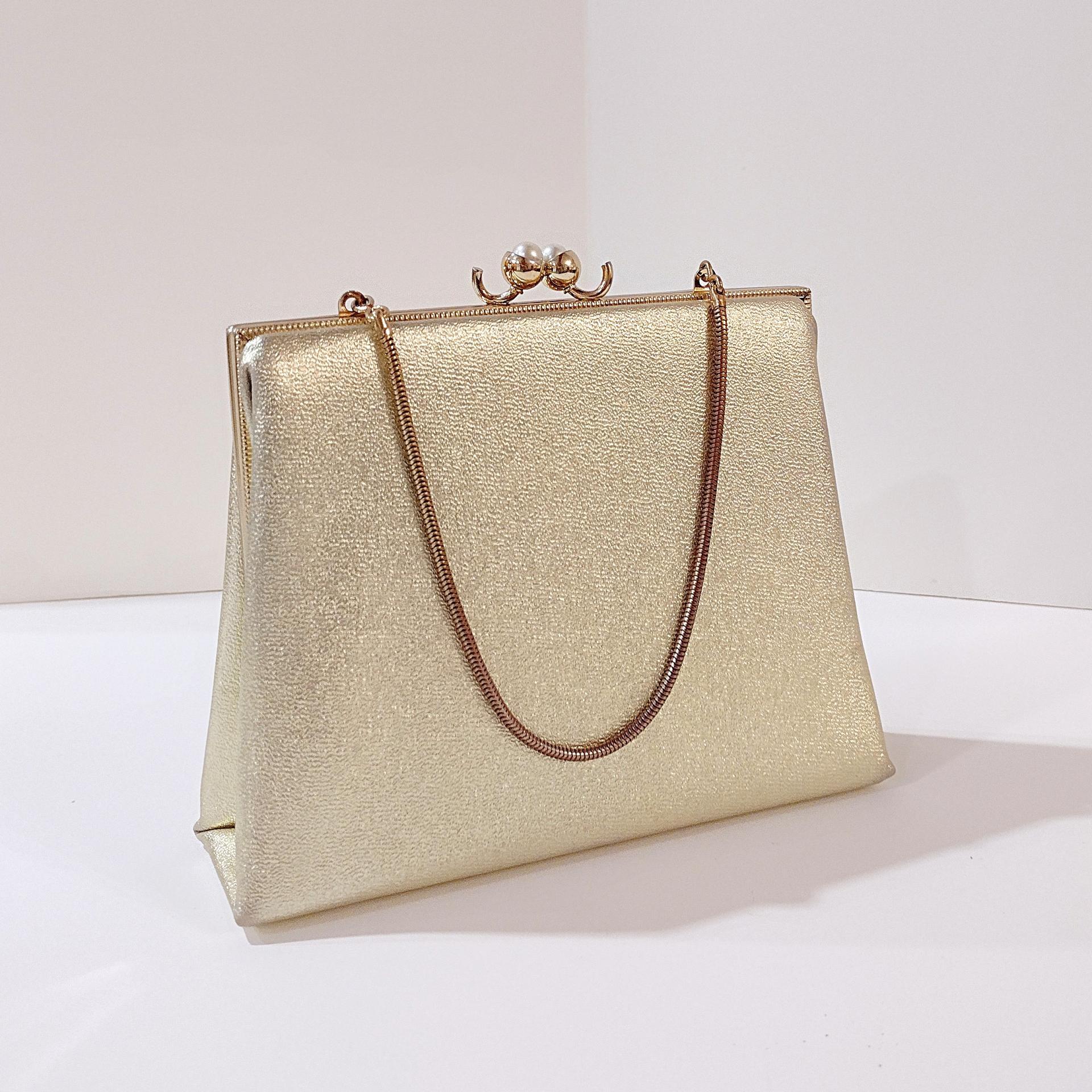 Vintage Bobbie Jerome Gold Metallic Evening Clutch Purse with Chain Handle and Pearl Clasp, 1950's-60's Formal Purse