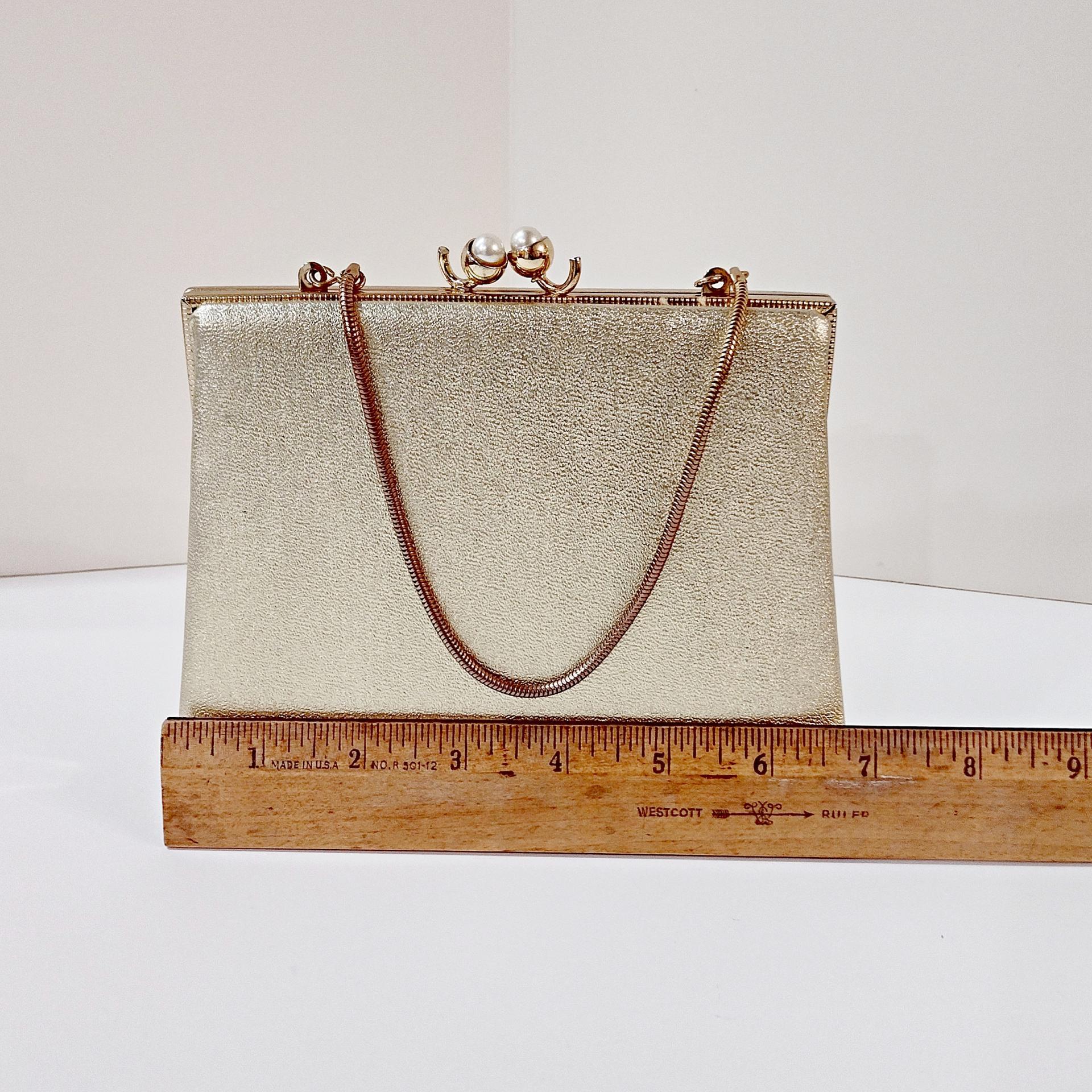 Vintage Bobbie Jerome Gold Metallic Evening Clutch Purse with Chain Handle and Pearl Clasp, 1950's-60's Formal Purse