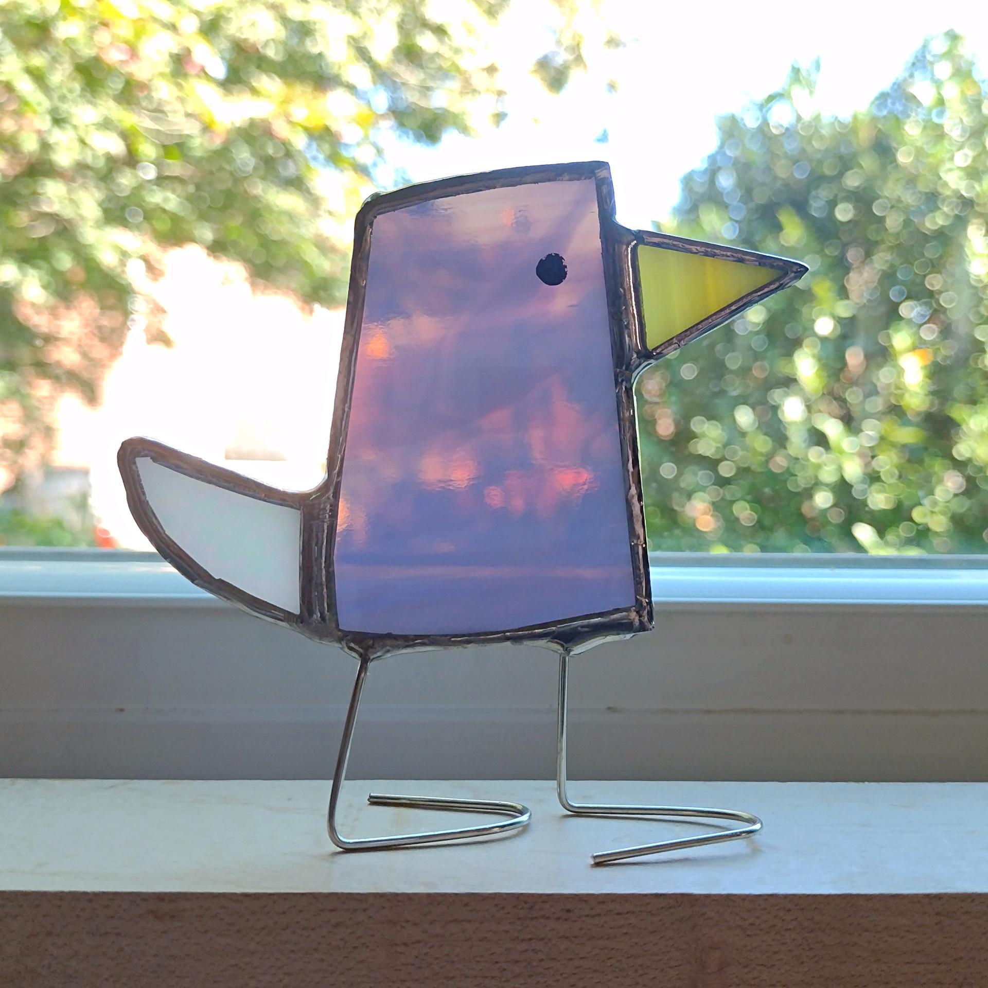 Stained Glass Standing Bird, Funky Glass Bird, Purple and Iridescent White Bird Suncatcher, Windowsill Sitter