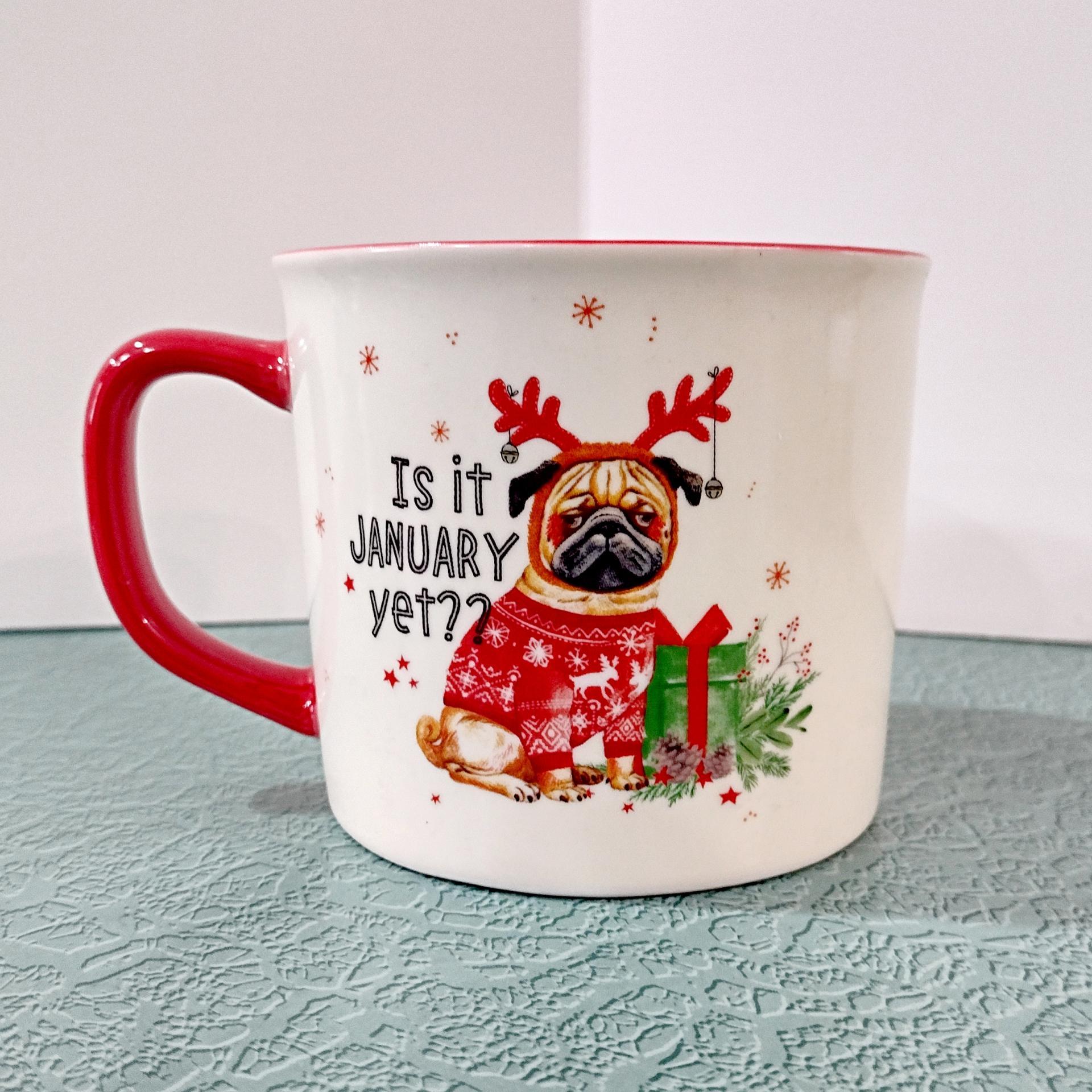 Vintage Christmas Pug Dog Is It January Yet Holiday Ceramic Coffee Tea Mug