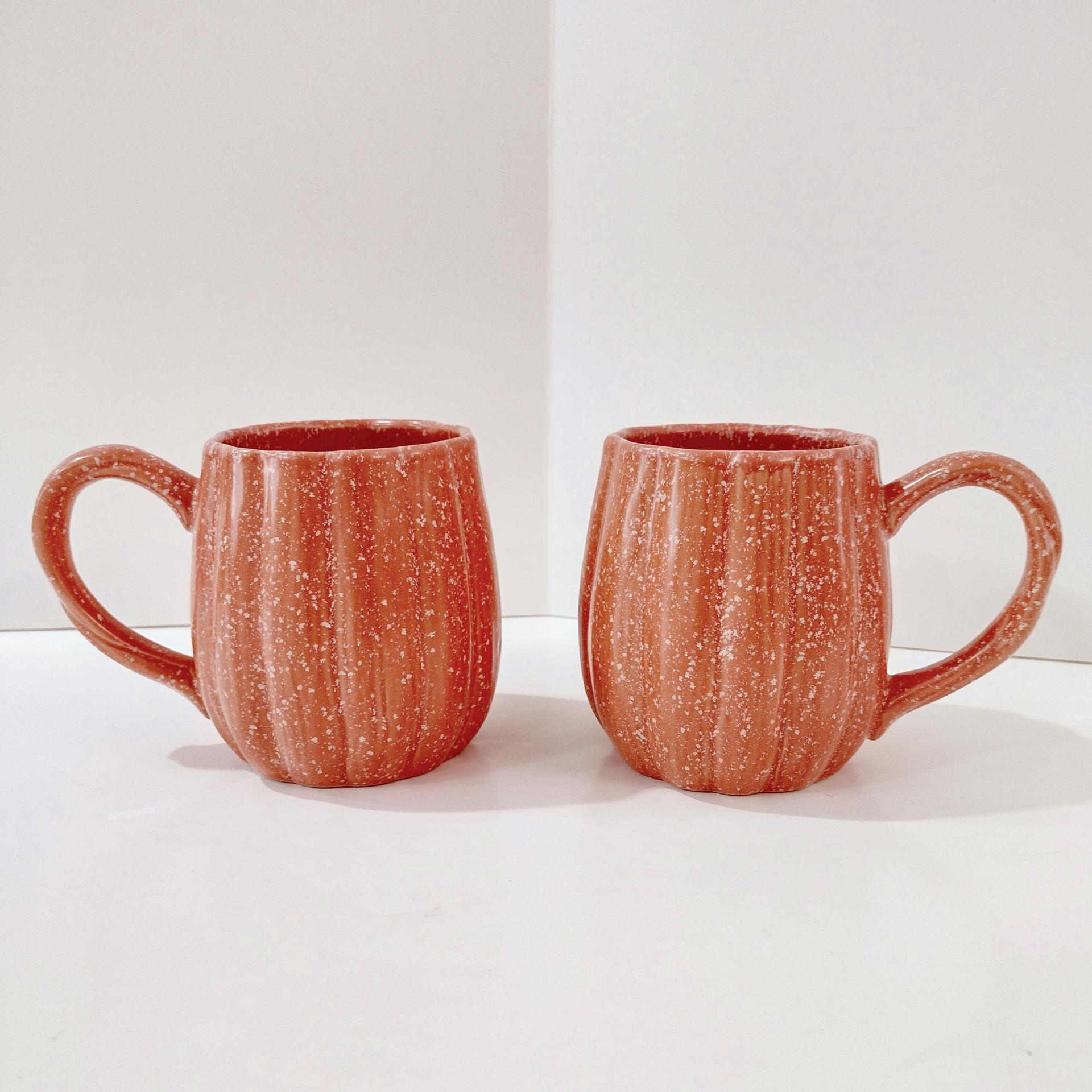 Vintage Pumpkin Gourd Shaped Ceramic Coffee Mugs, Set of Two, Potters Studio Oversized Stoneware Mugs