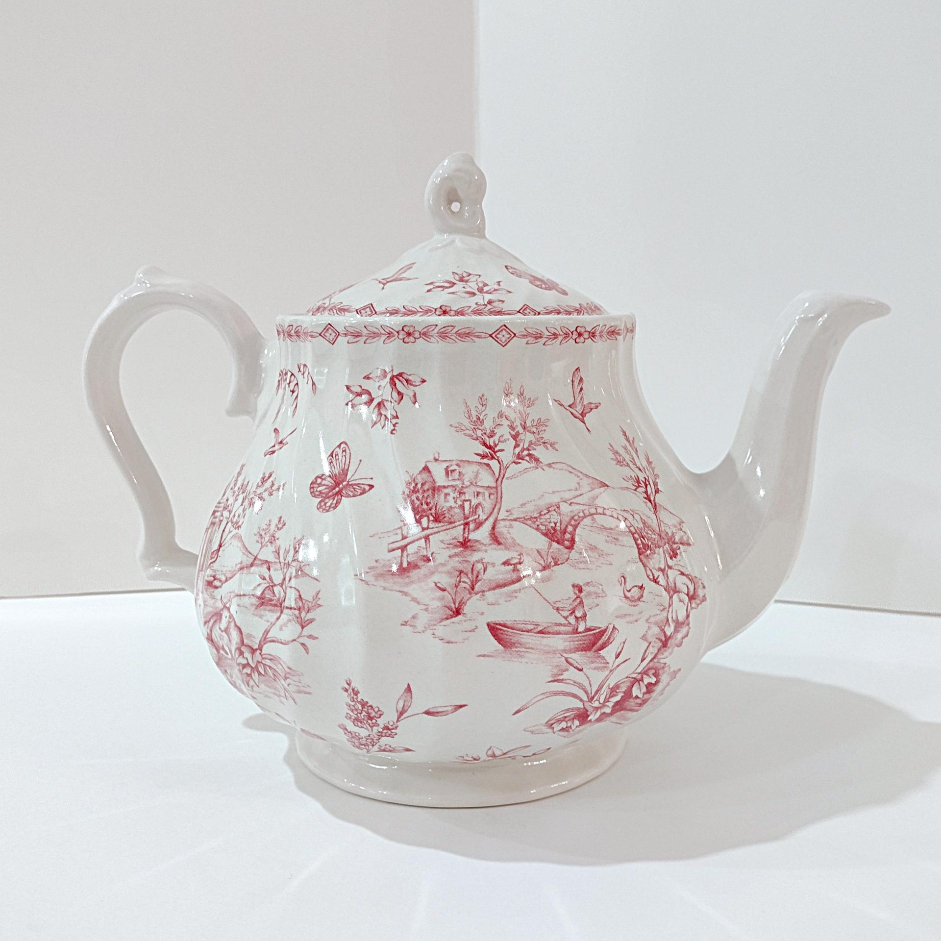 Vintage Queens Chelsea Toile Pink Transferware Ceramic Teapot with Pastoral Landscape Design