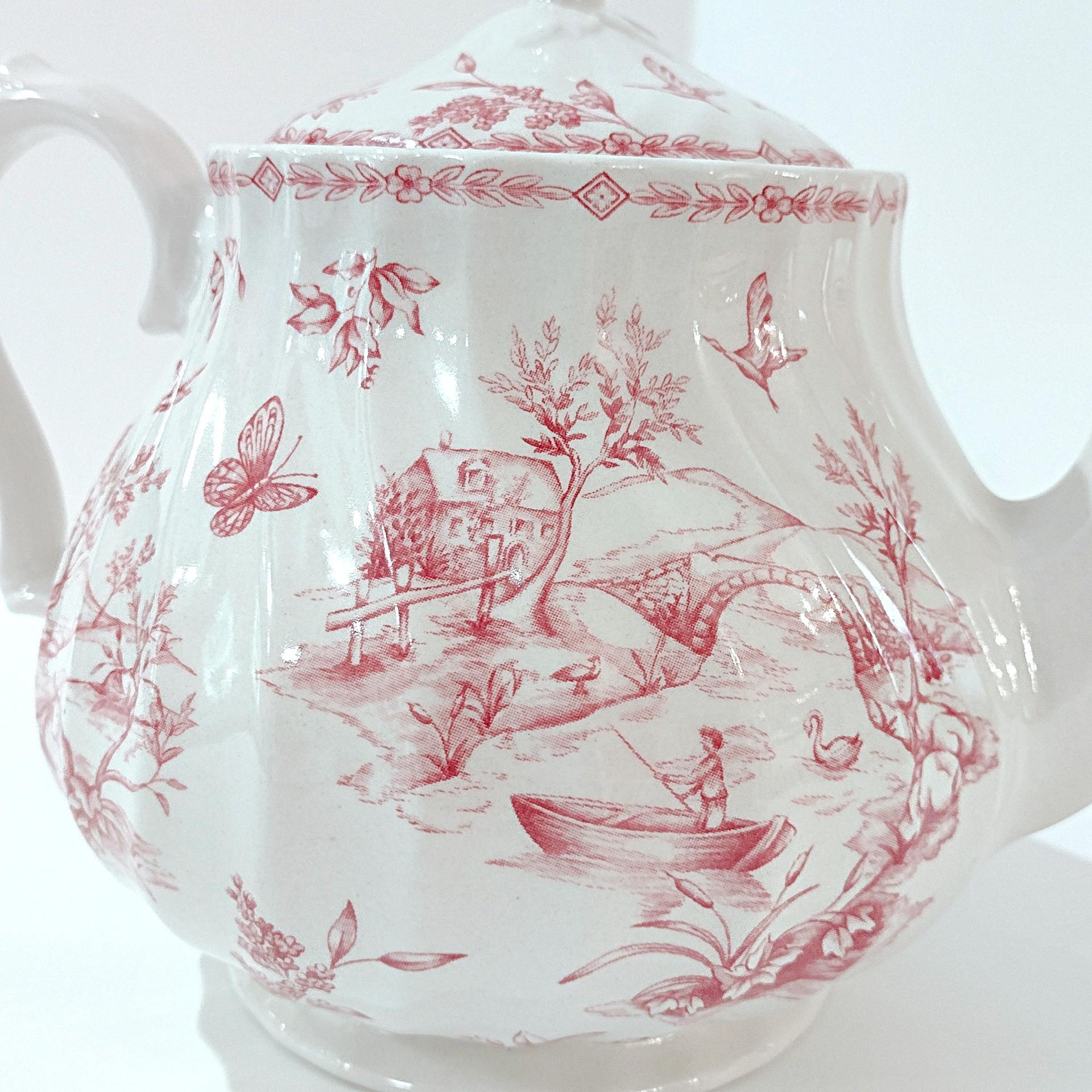 Vintage Queens Chelsea Toile Pink Transferware Ceramic Teapot with Pastoral Landscape Design