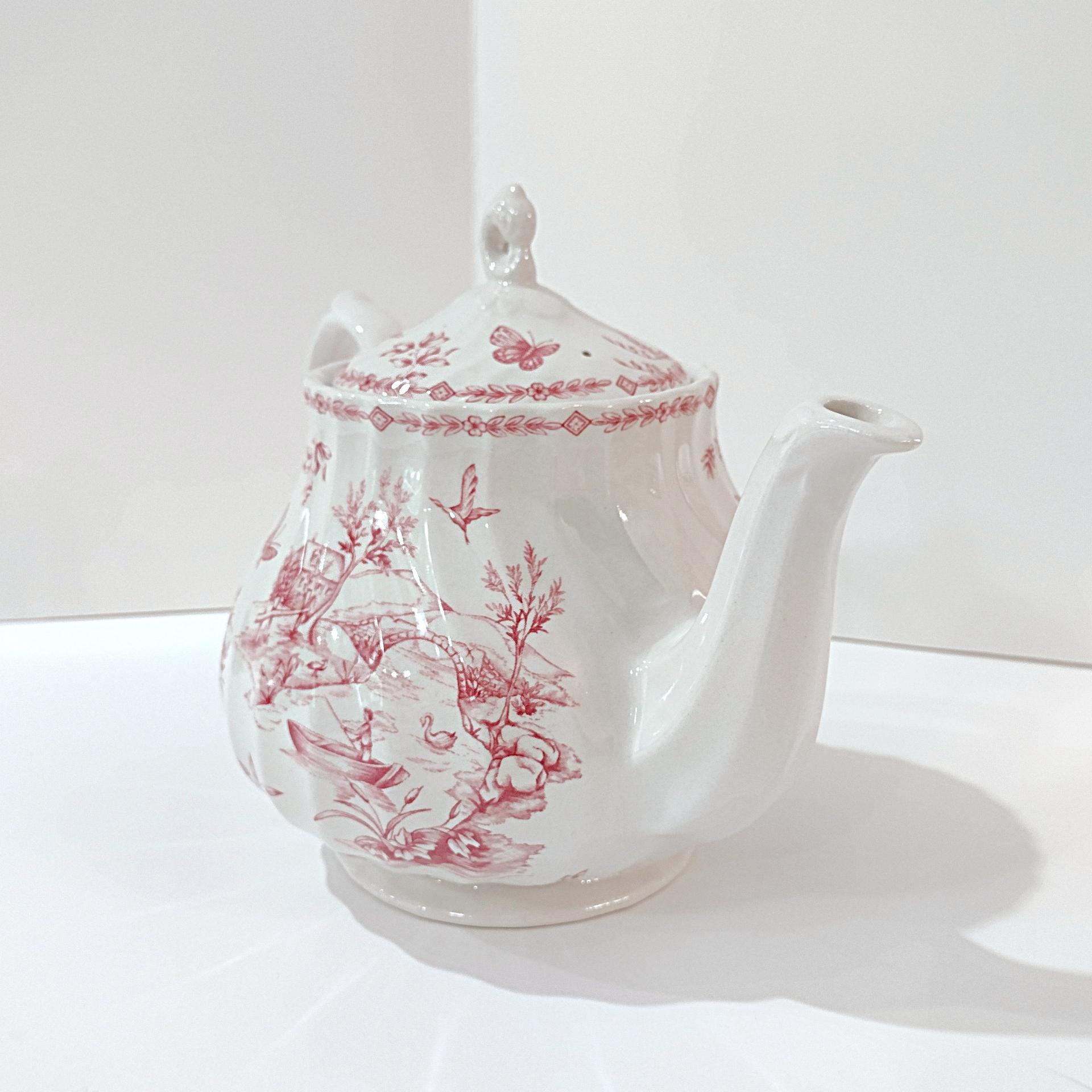 Vintage Queens Chelsea Toile Pink Transferware Ceramic Teapot with Pastoral Landscape Design