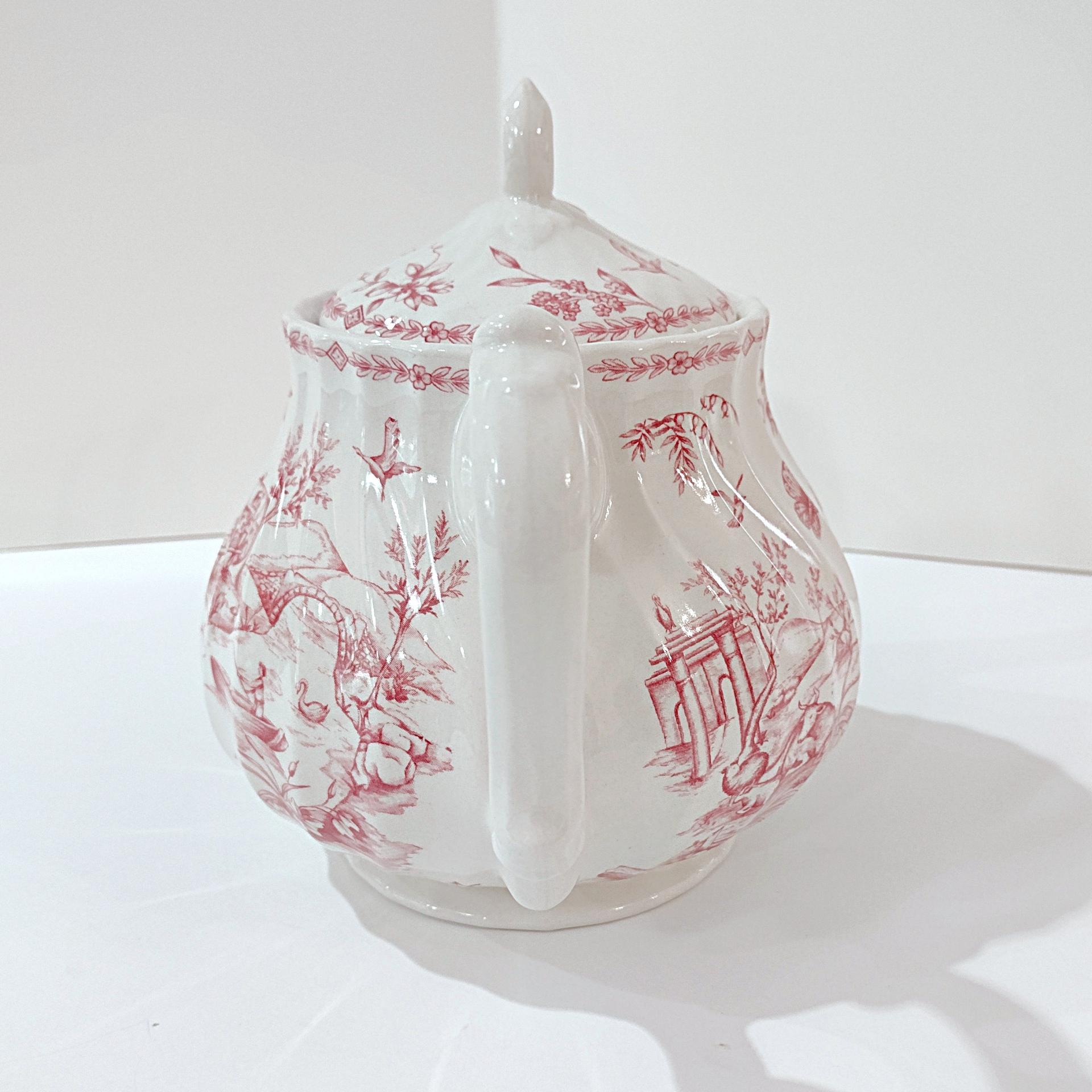 Vintage Queens Chelsea Toile Pink Transferware Ceramic Teapot with Pastoral Landscape Design
