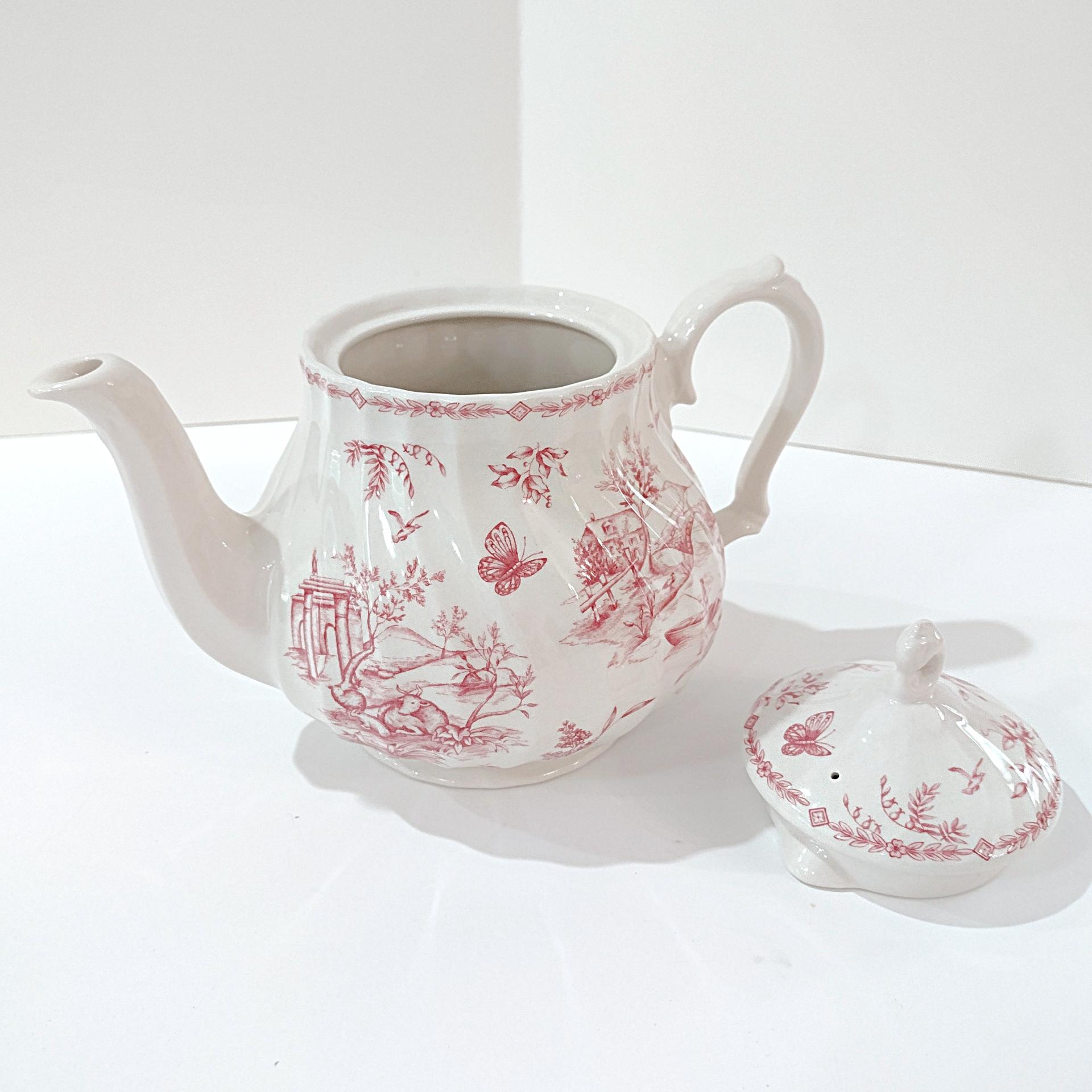 Vintage Queens Chelsea Toile Pink Transferware Ceramic Teapot with Pastoral Landscape Design