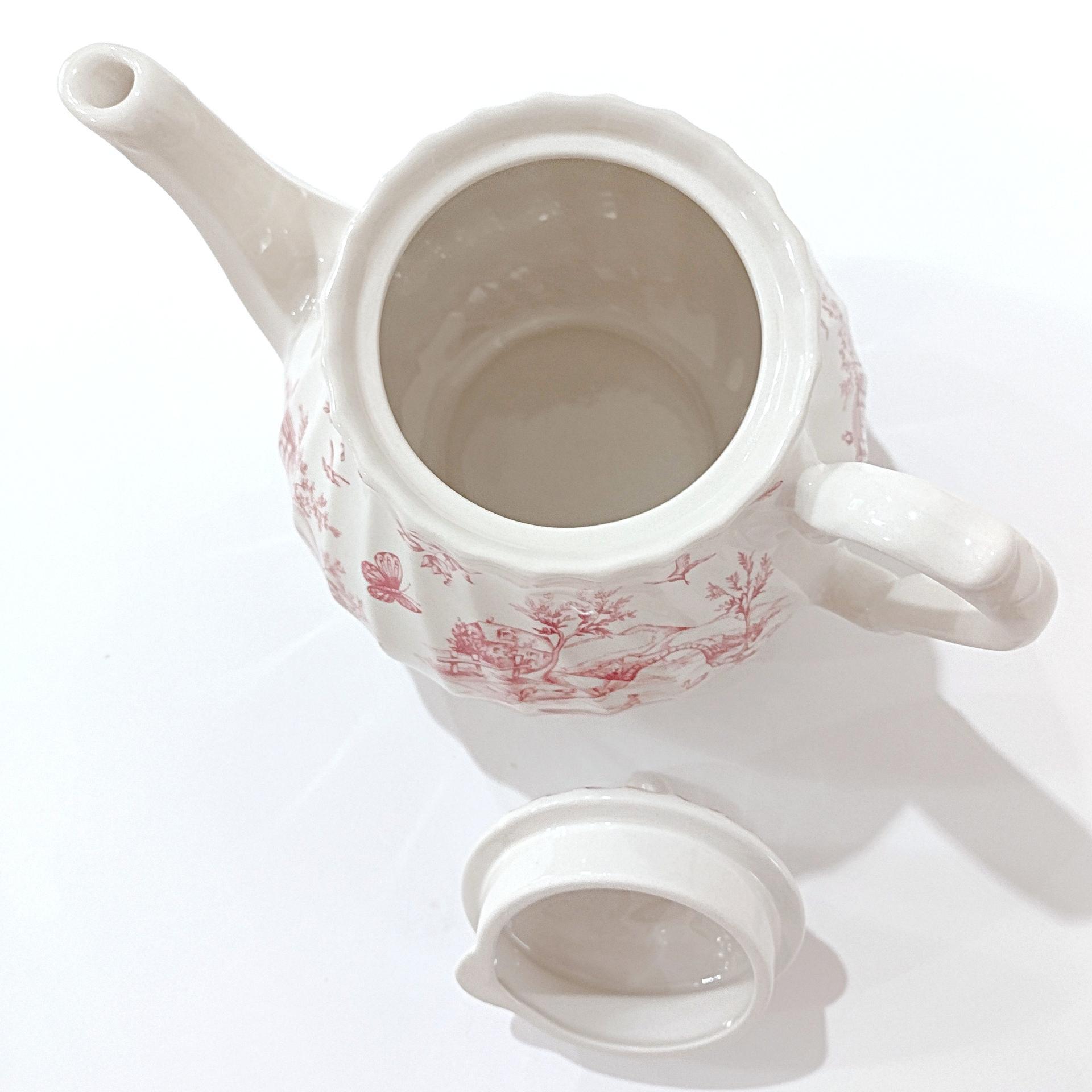 Vintage Queens Chelsea Toile Pink Transferware Ceramic Teapot with Pastoral Landscape Design