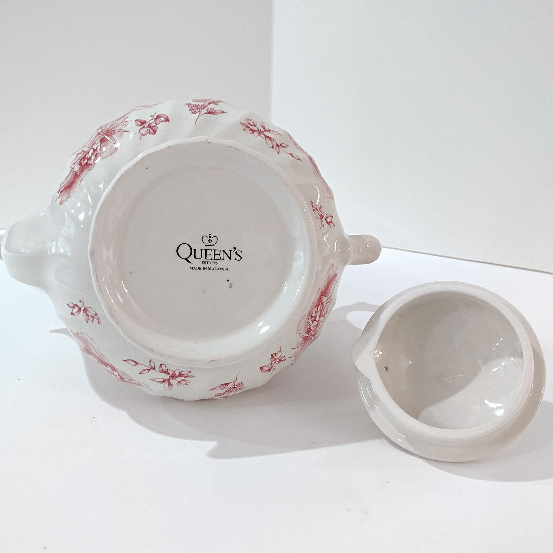Vintage Queens Chelsea Toile Pink Transferware Ceramic Teapot with Pastoral Landscape Design