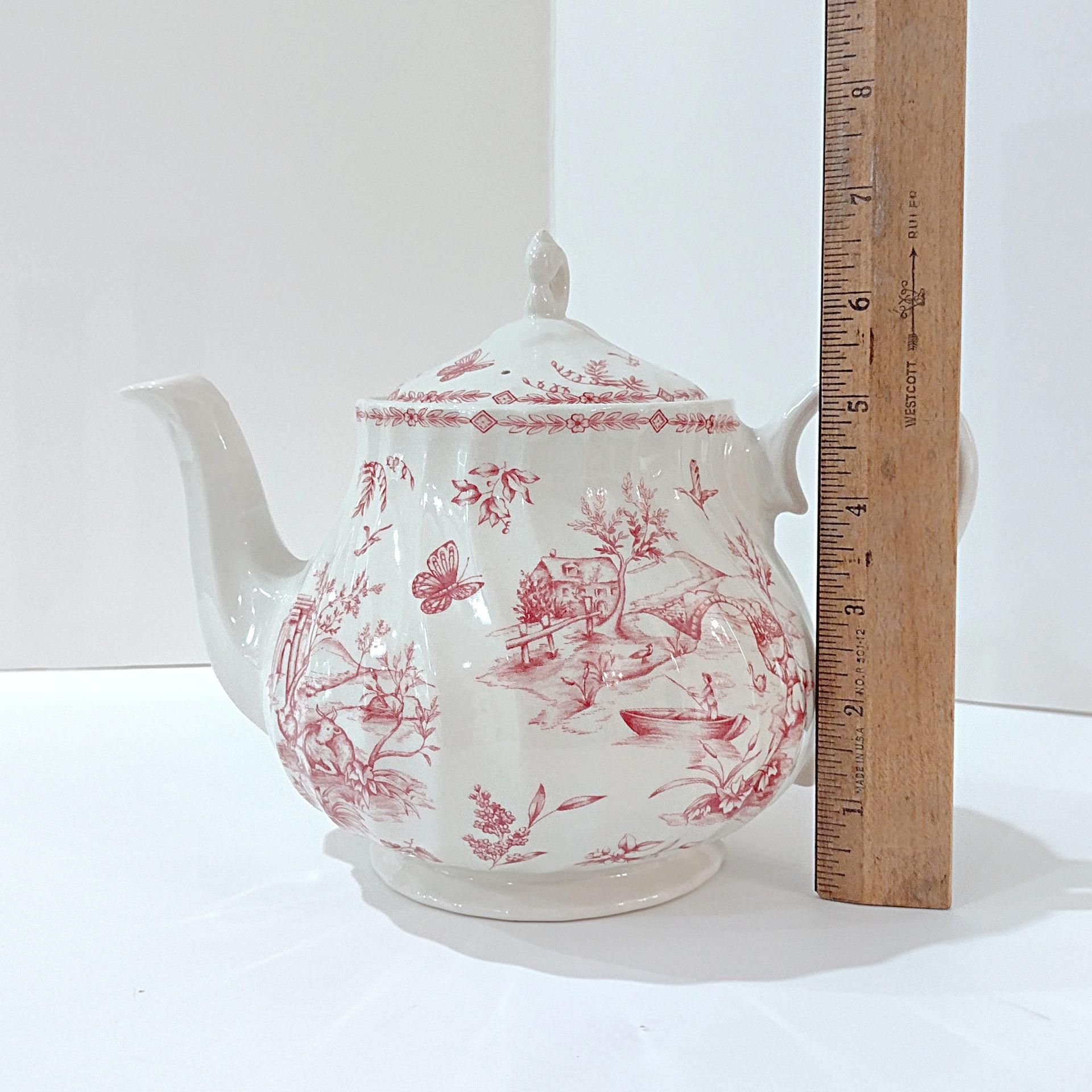 Vintage Queens Chelsea Toile Pink Transferware Ceramic Teapot with Pastoral Landscape Design