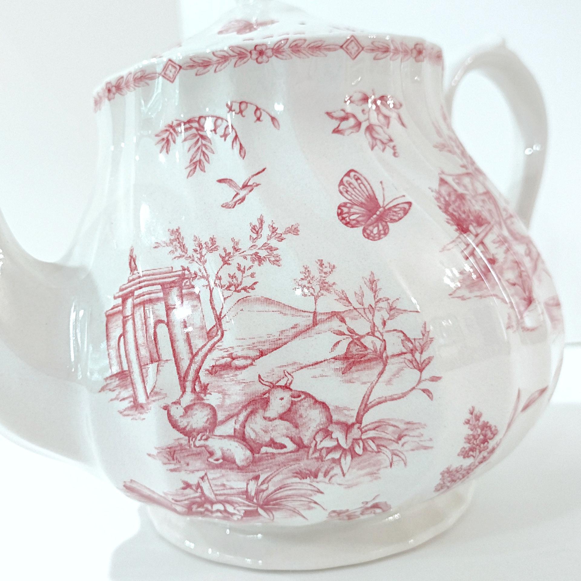 Vintage Queens Chelsea Toile Pink Transferware Ceramic Teapot with Pastoral Landscape Design