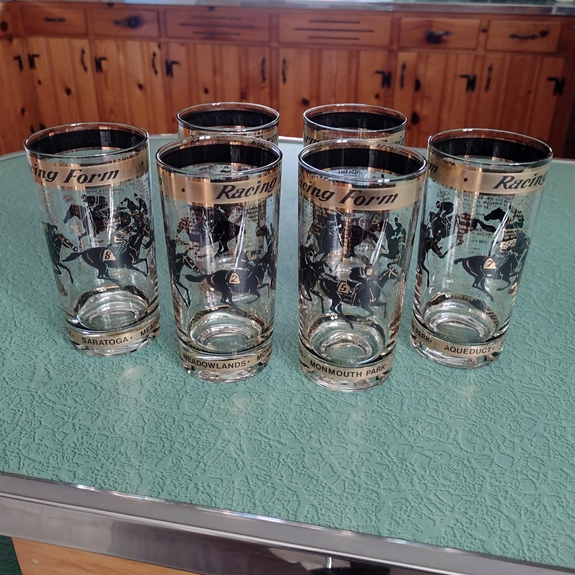Vintage New York and New Jersey Race Track Horse Racing Form Highball Glasses, Set of 6, 