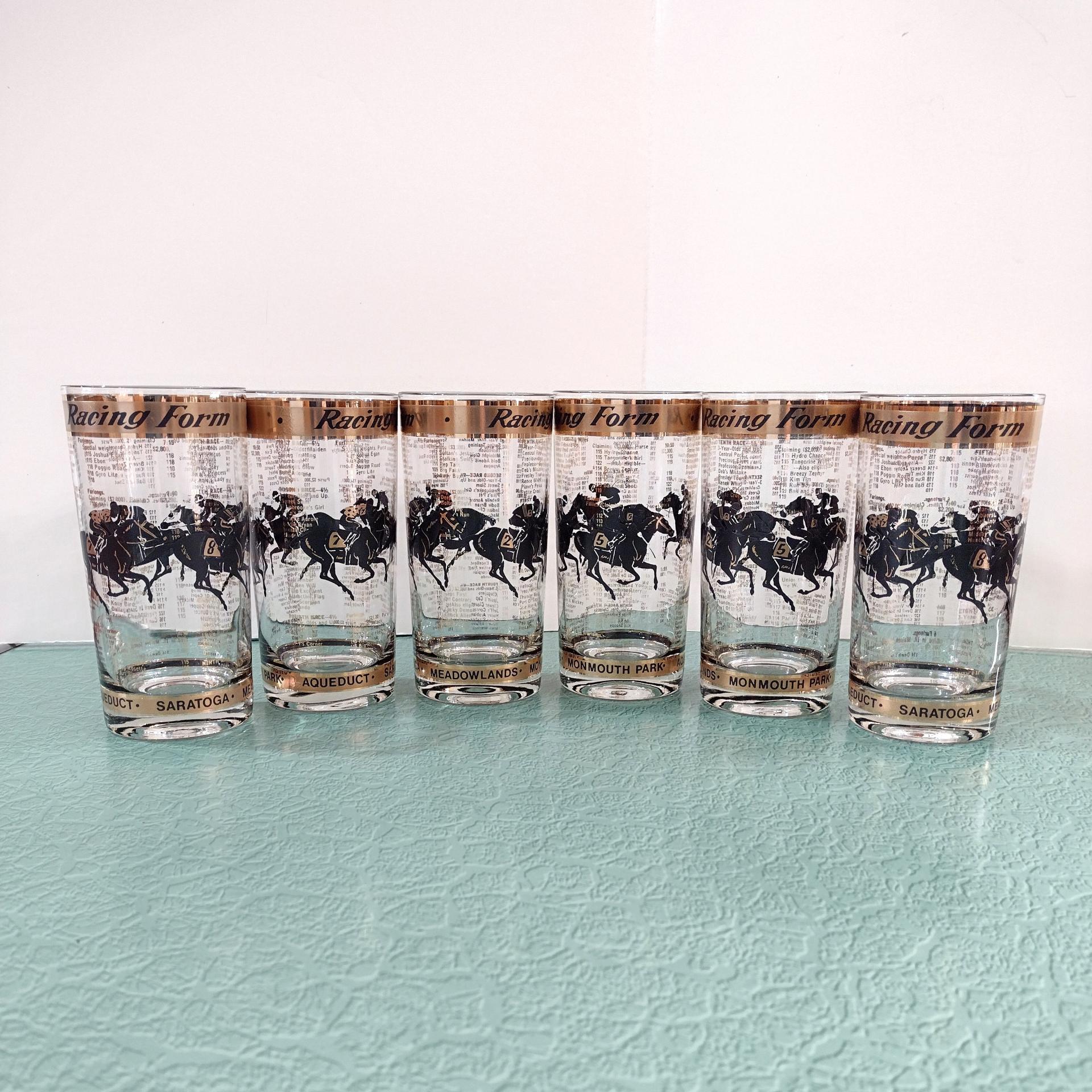 Vintage New York and New Jersey Race Track Horse Racing Form Highball Glasses, Set of 6, 