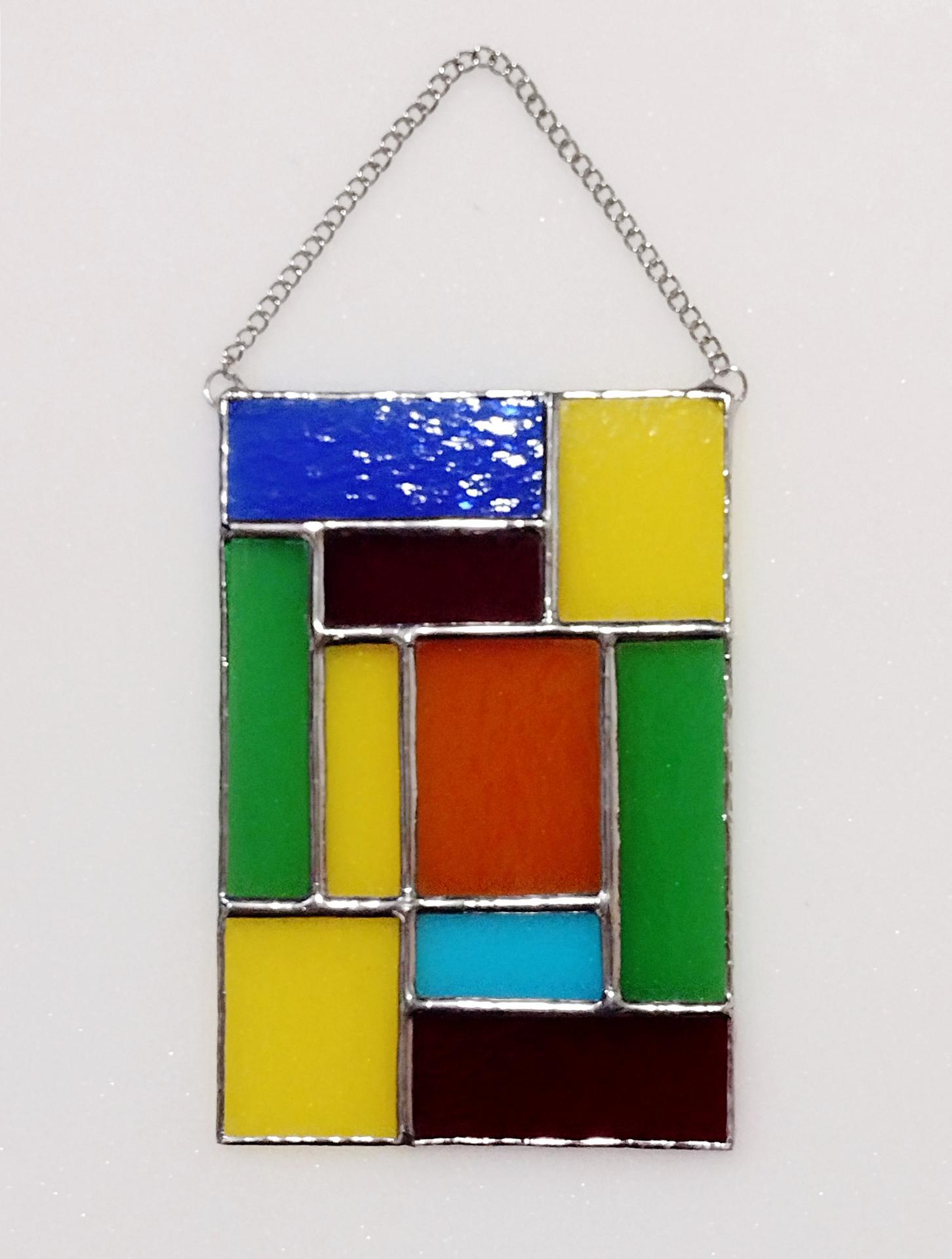 Rainbow Geometric Stained Glass Panel Suncatcher, Mondrian Stained Glass Art, Custom Colors Available