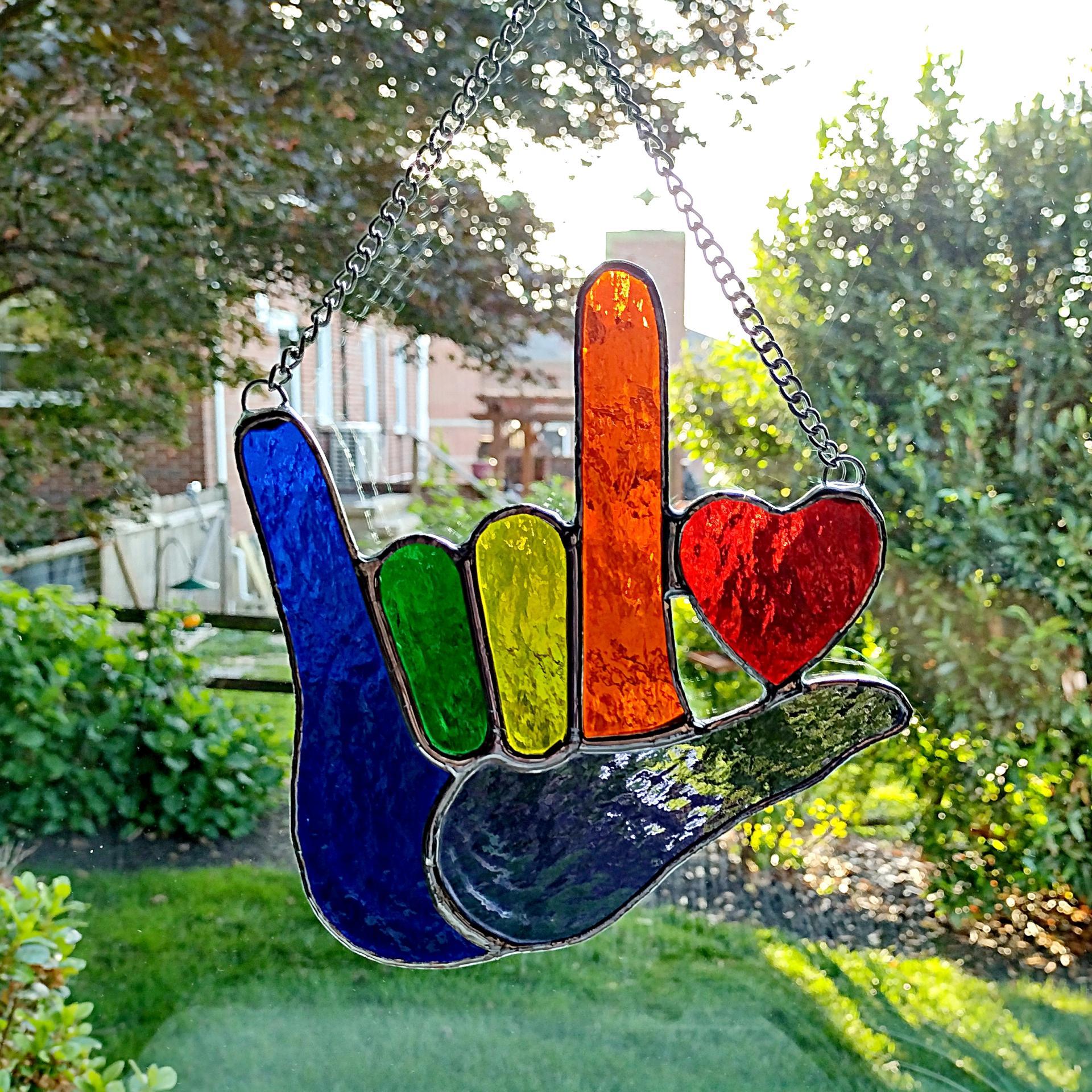 ASL I Love You Stained Glass Suncatcher, Rainbow Glass Hand with Heart, Sign Language Love Deaf Hearing Impaired Gift