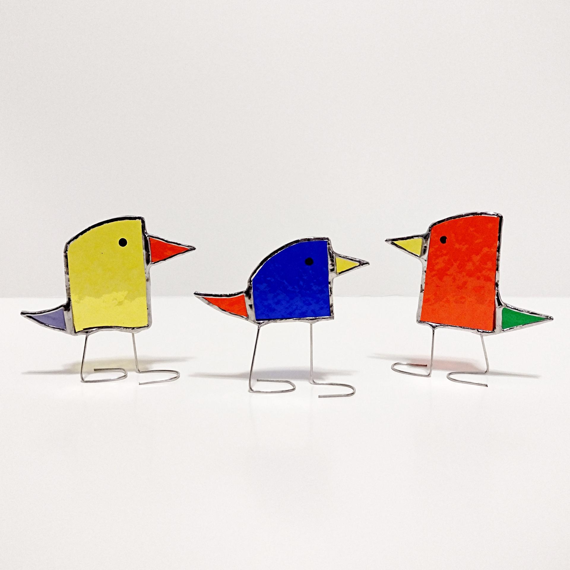 Rainbow Stained Glass Standing Birds, Set of Three, Blue, Orange, and Yellow Glass Birds