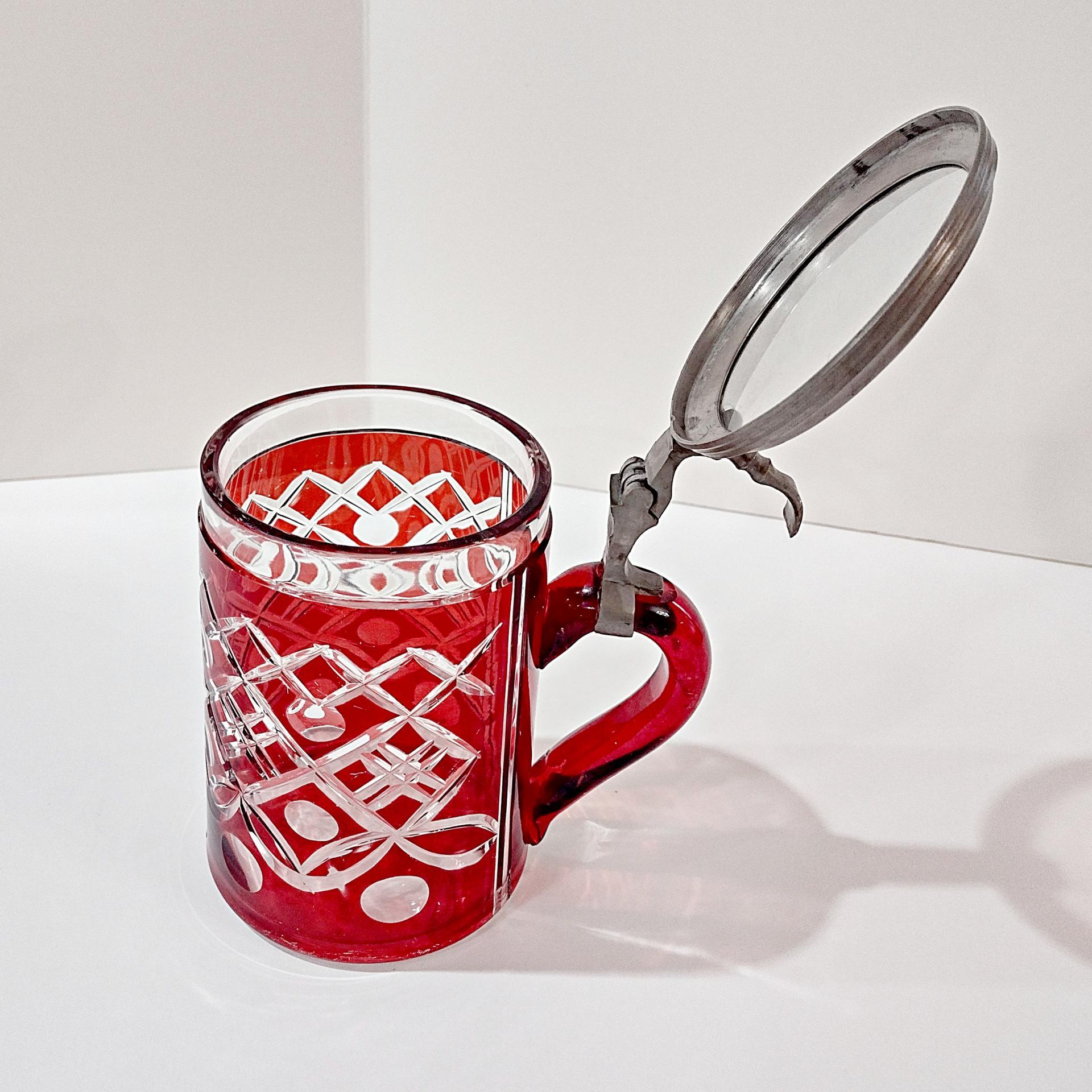 Vintage Czech Bohemian Ruby Red Flashed Cut to Clear Glass Beer Stein with Pewter Hinged Lid