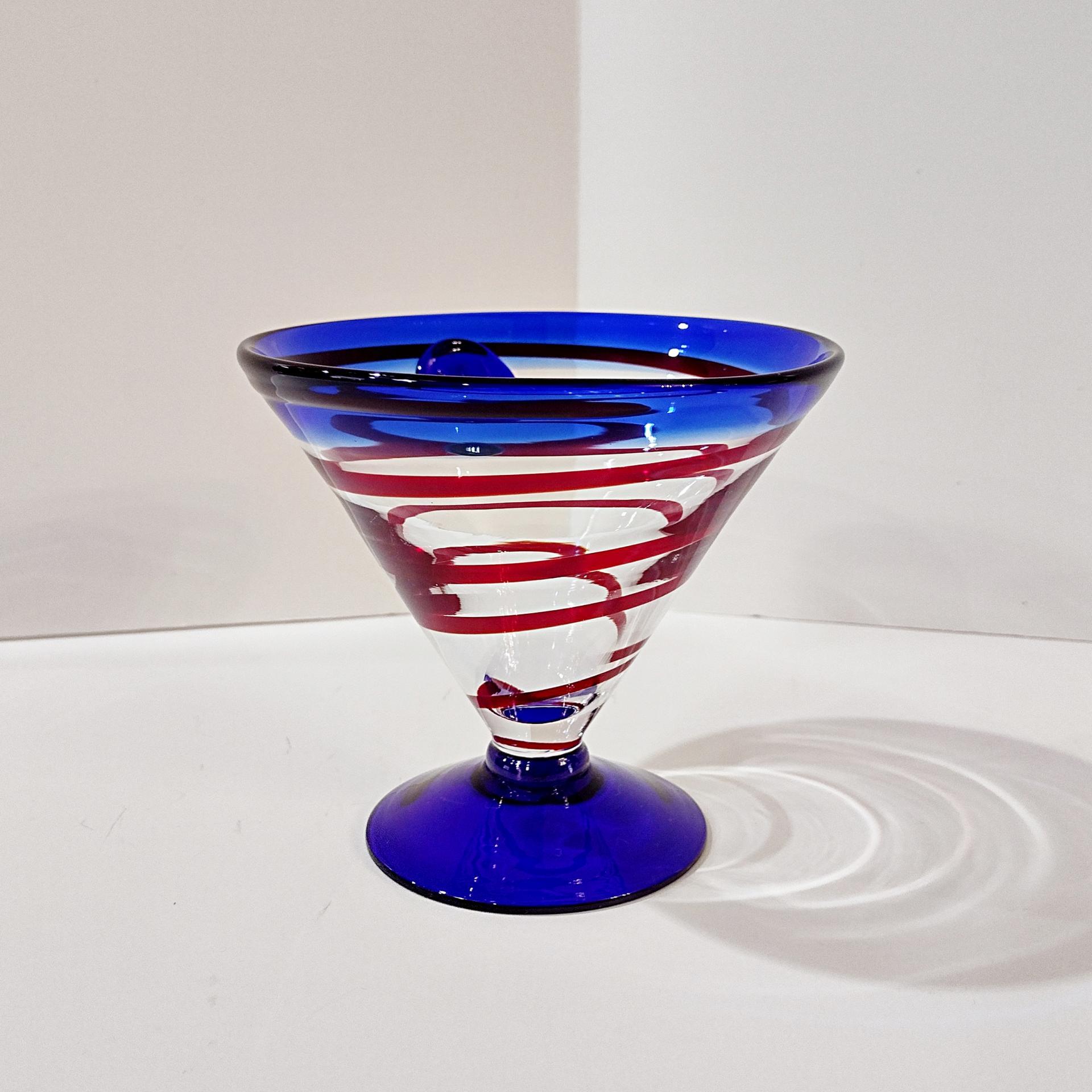 Vintage Hand Blown Kosta Boda Royal Caribbean Martini / Margarita Glass, Blue Red, and Clear Swirled Glass