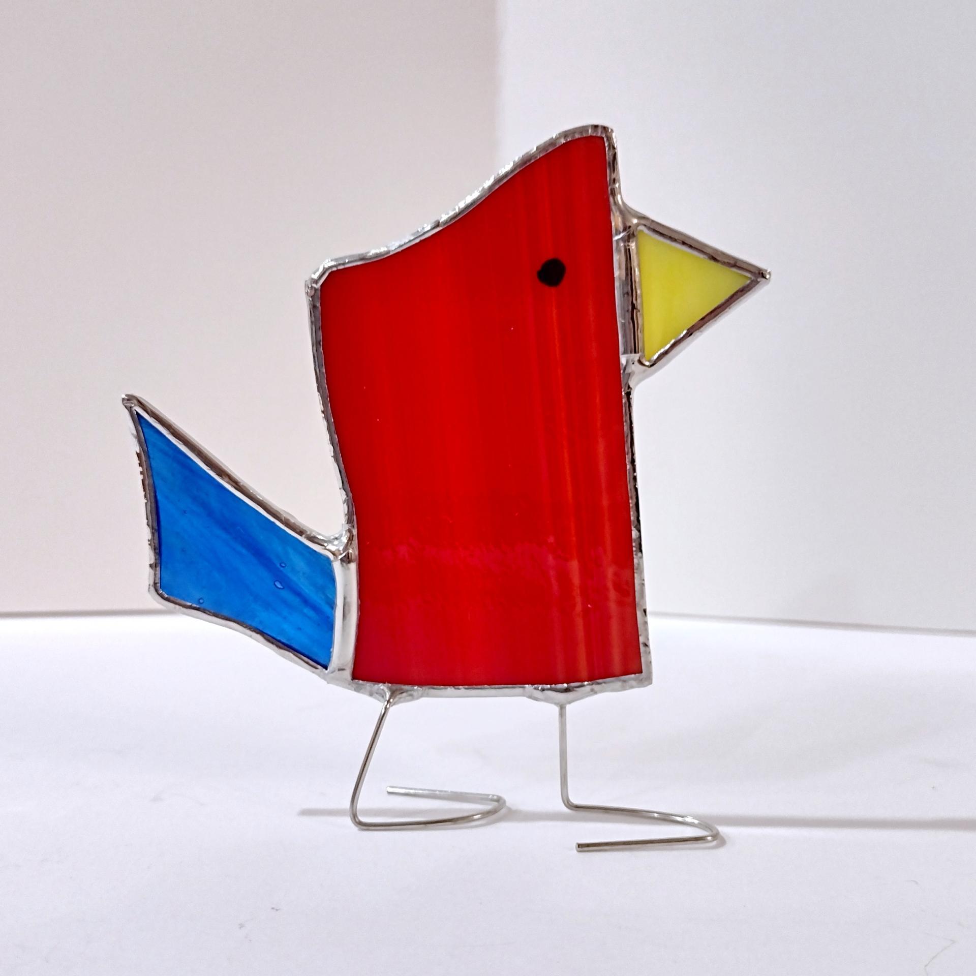 Stained Glass Standing Bird, Funky Glass Bird, Red and Blue Bird Suncatcher, Windowsill Free Standing Bird