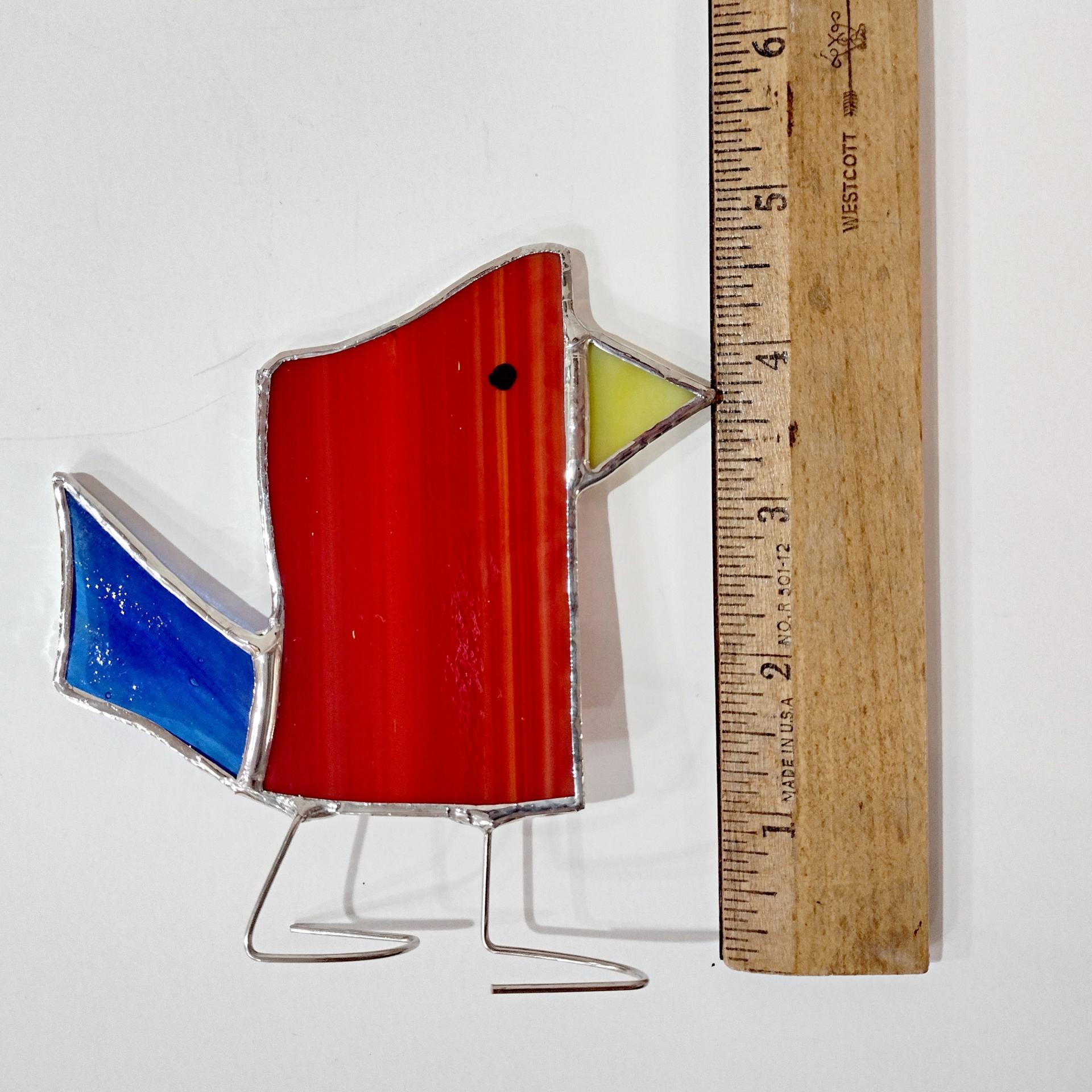 Stained Glass Standing Bird, Funky Glass Bird, Red and Blue Bird Suncatcher, Windowsill Free Standing Bird