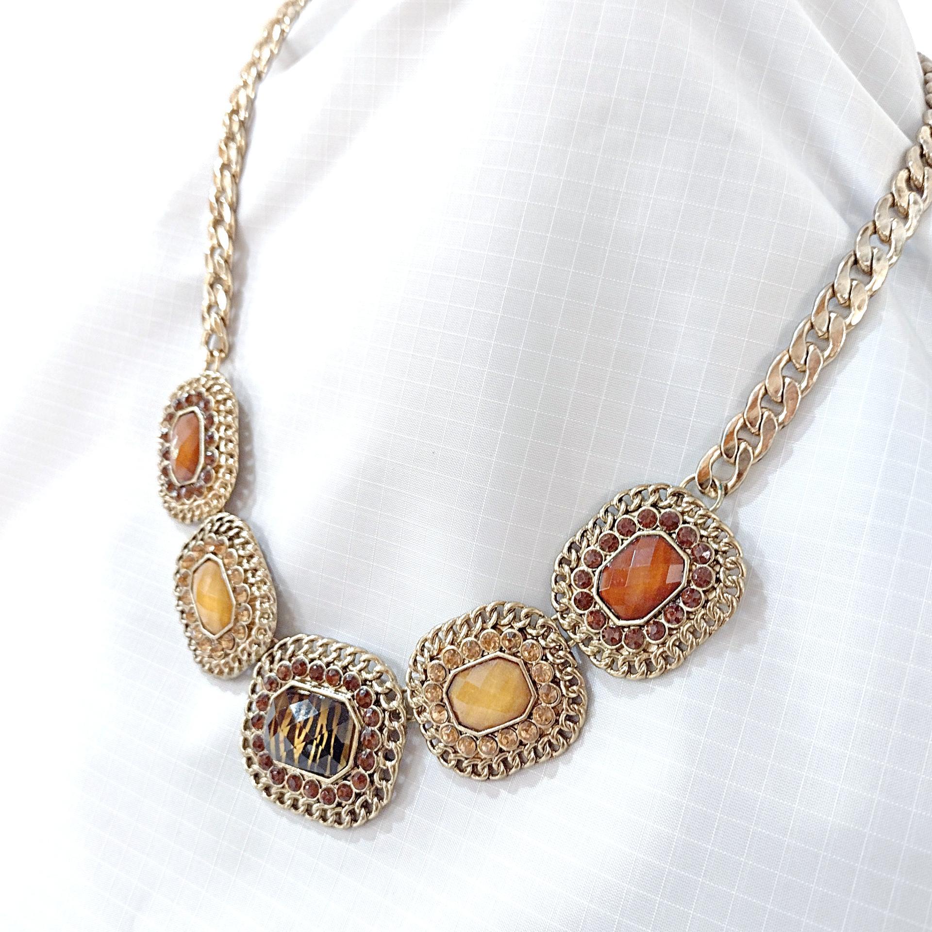 Vintage Erica Lyons Amber Brown Rhinestone and Cabochon Statement Necklace with Gold Tone Curb Chain