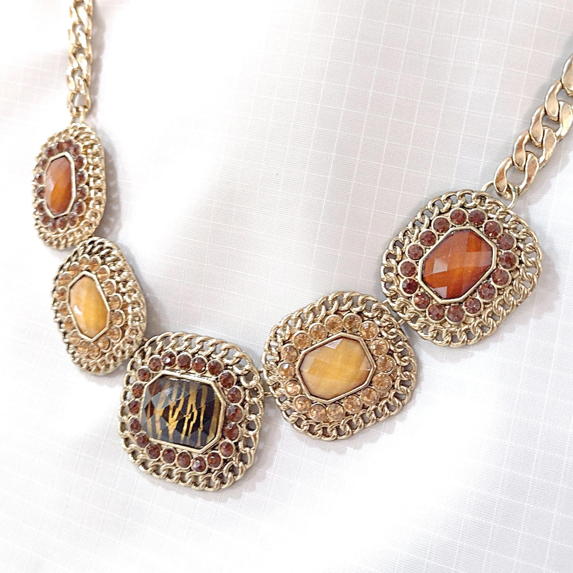 Vintage Erica Lyons Amber Brown Rhinestone and Cabochon Statement Necklace with Gold Tone Curb Chain