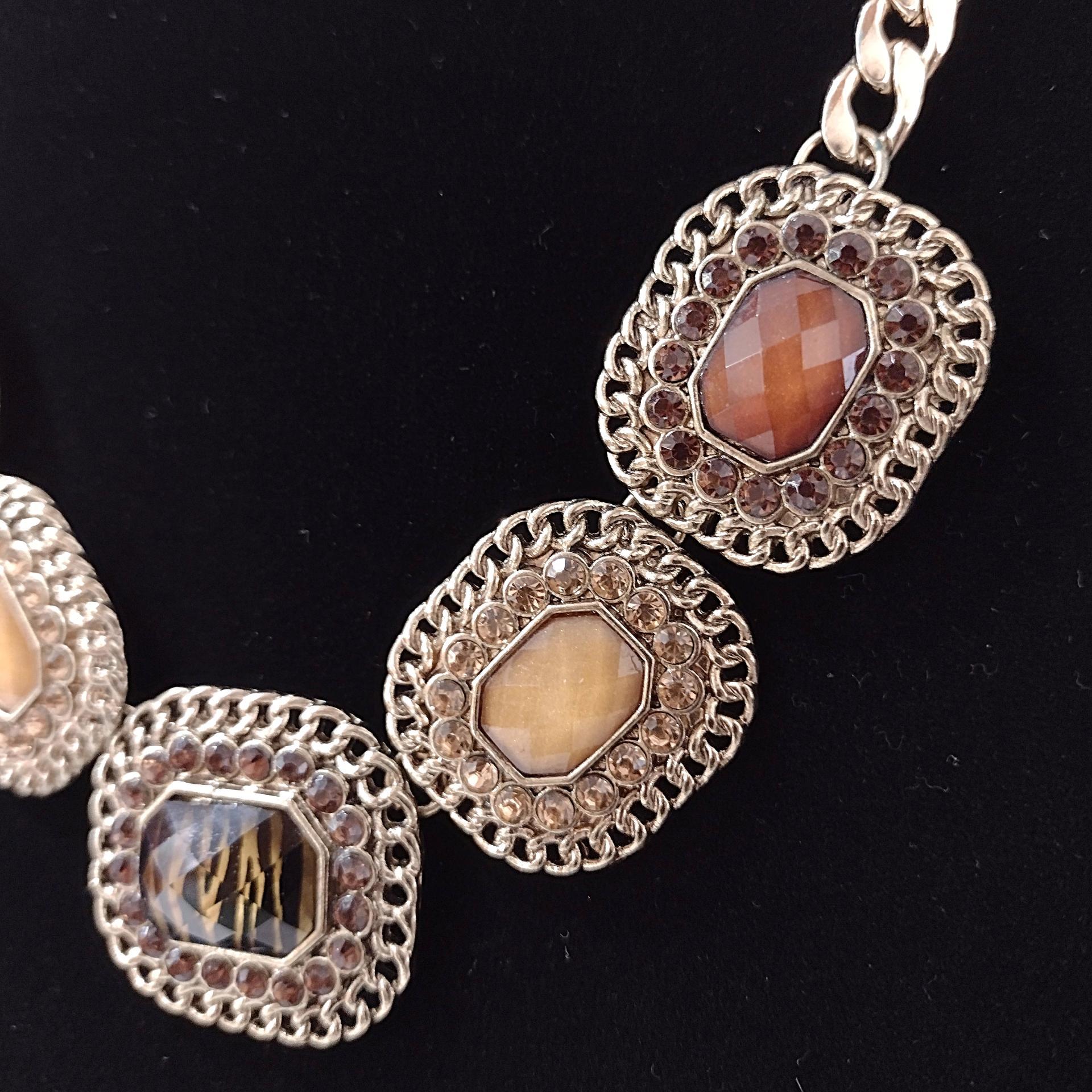 Vintage Erica Lyons Amber Brown Rhinestone and Cabochon Statement Necklace with Gold Tone Curb Chain